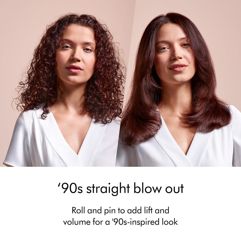 Dyson lifestyle image of sleek straight hair showcasing smooth shiny finish benefit