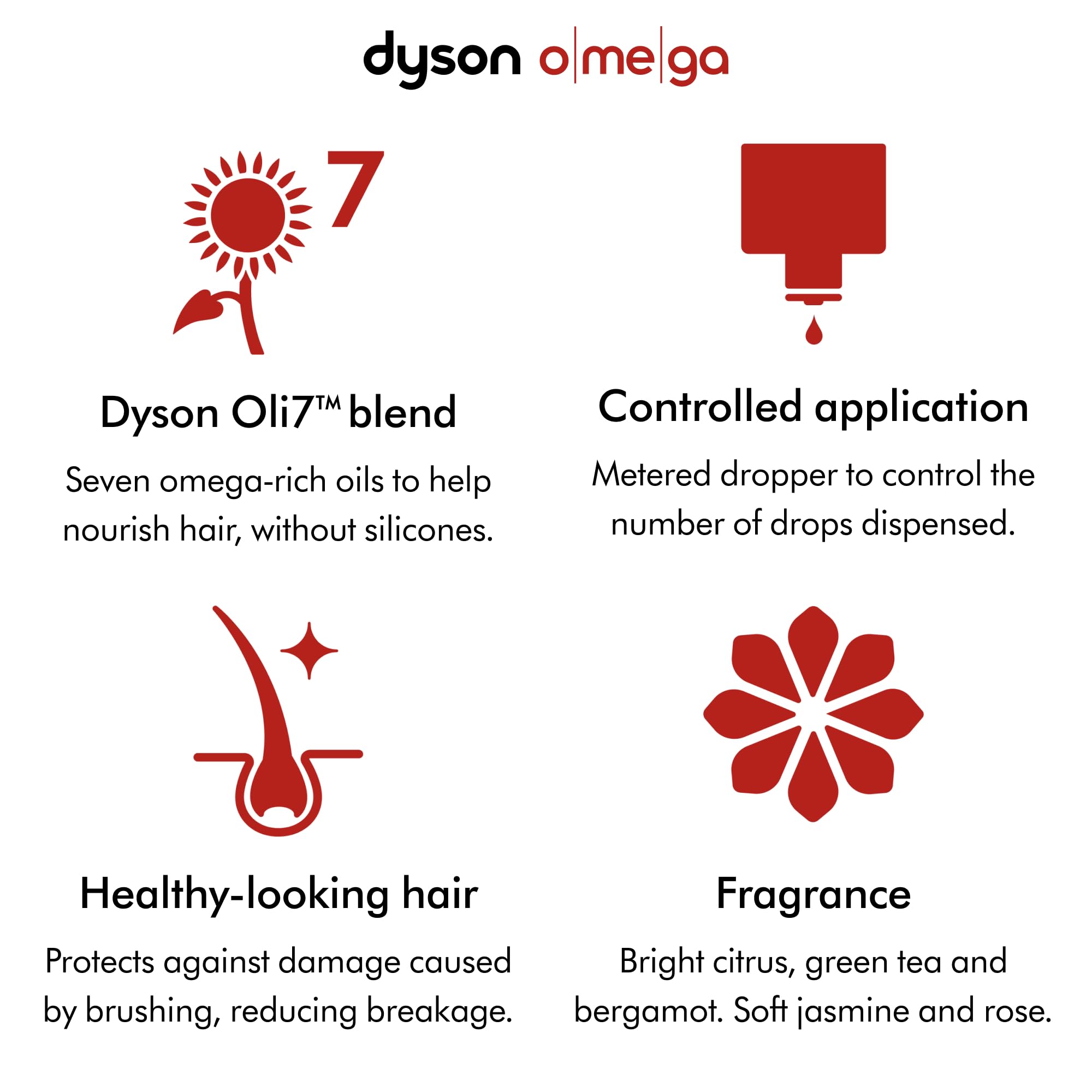 Dyson Omega Hydrating Hair Oil bottle showing lightweight nourishing benefit
