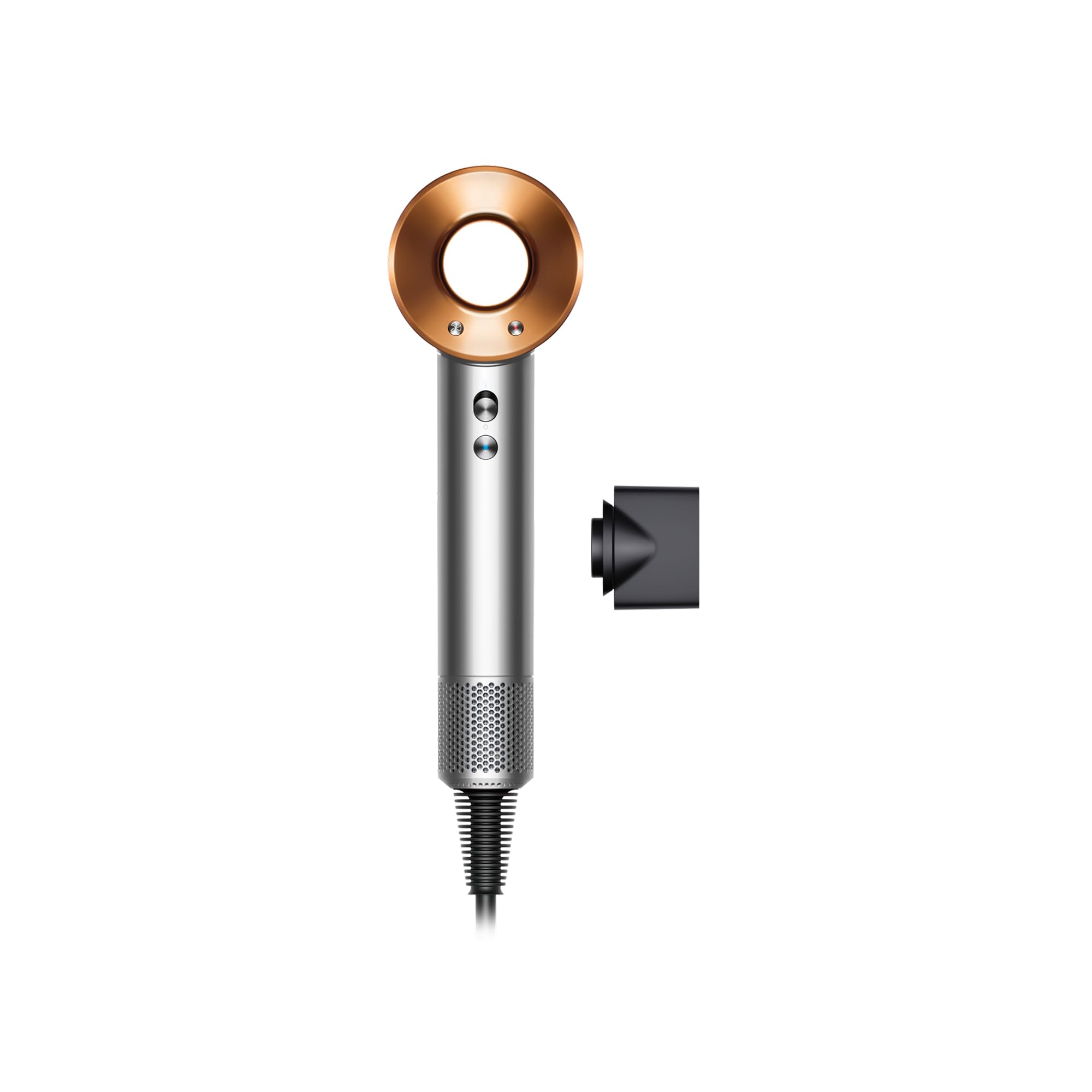 Dyson Supersonic front profile showing nickel copper finish and fast drying benefit