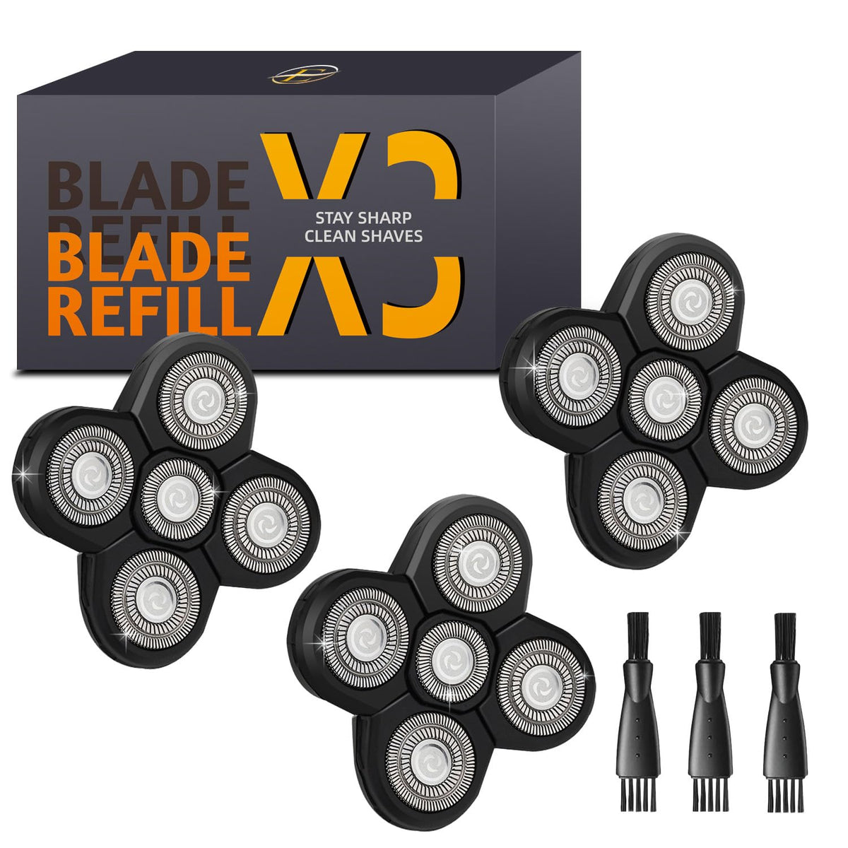 E-Hunter front view of three-pack replacement heads showing value pack and benefits