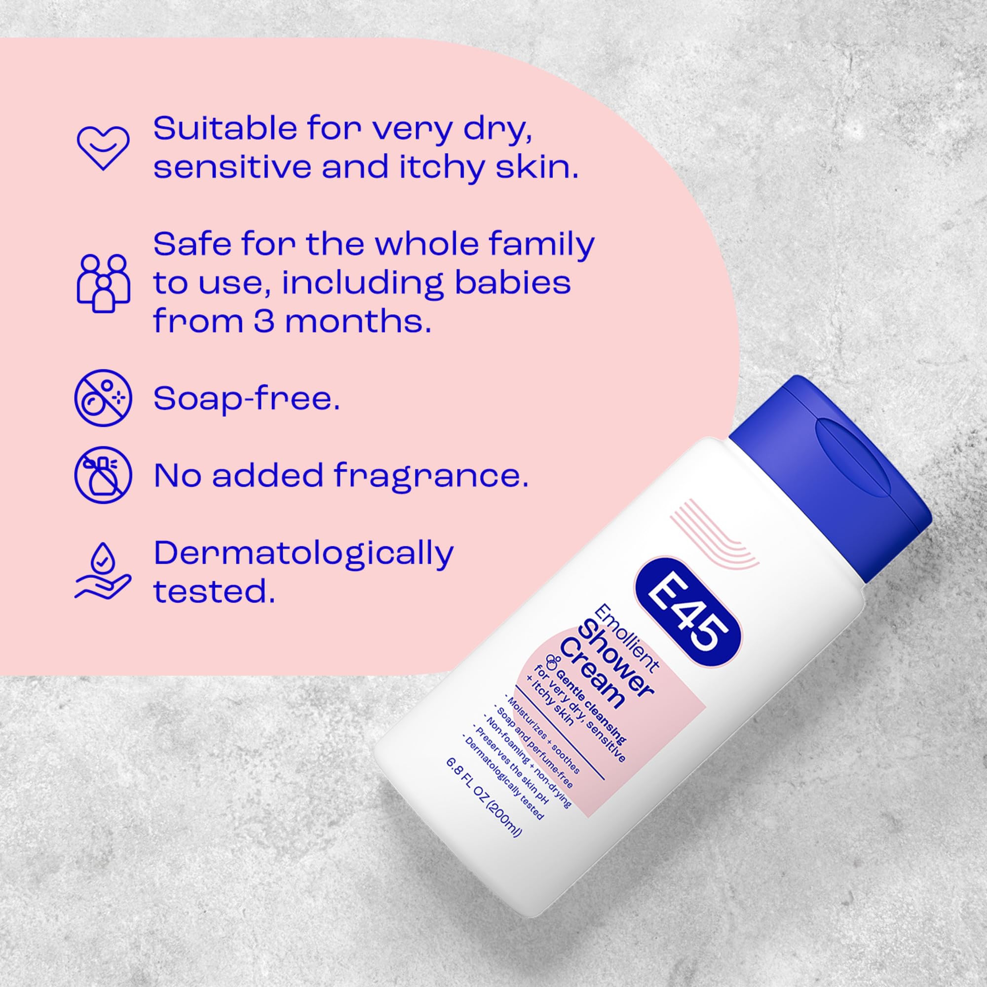 E45 on a shower shelf in bathroom demonstrating convenient everyday placement