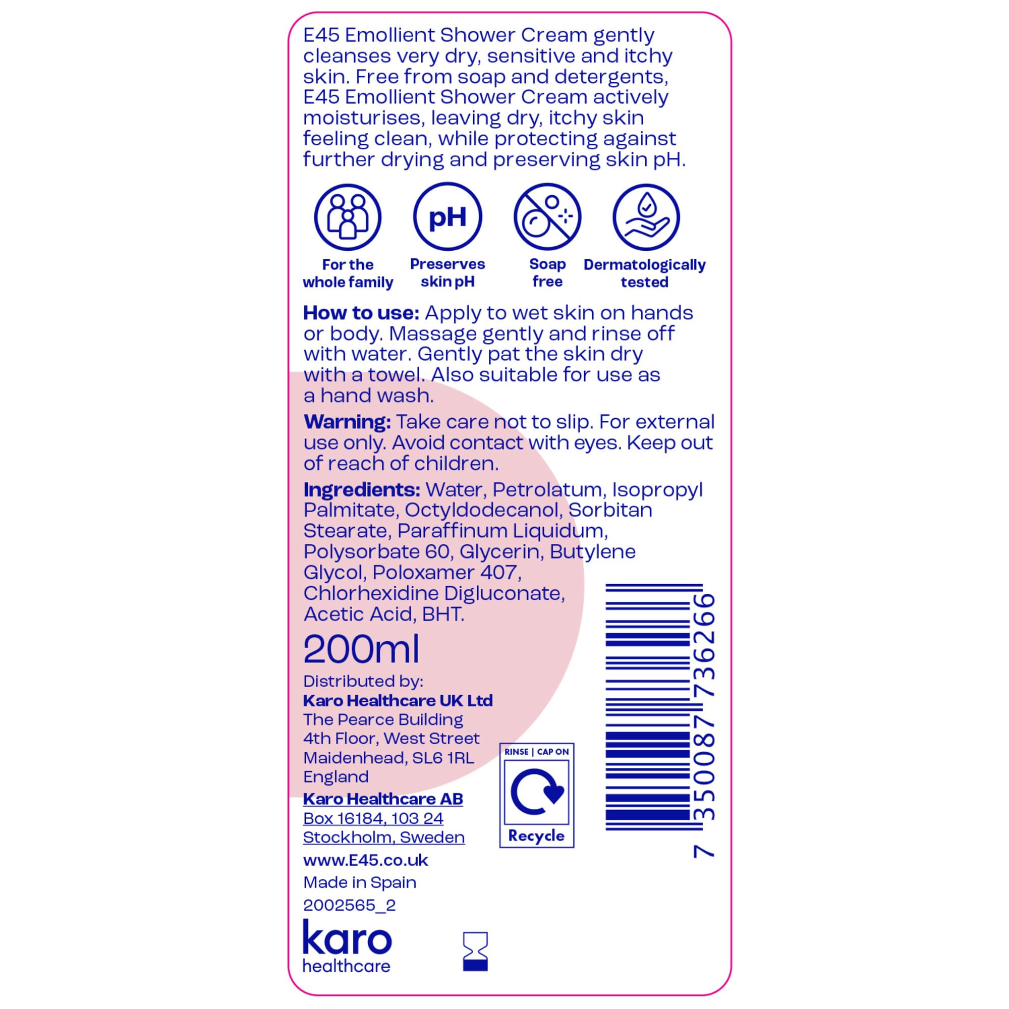 E45 ingredient panel and label showing dermatologist-formulated, pH-balanced benefits