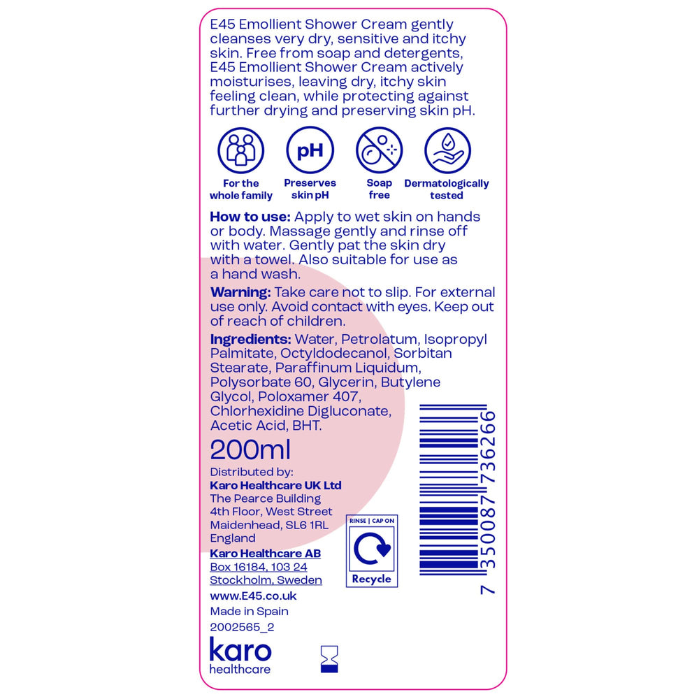 E45 ingredient panel and label showing dermatologist-formulated, pH-balanced benefits