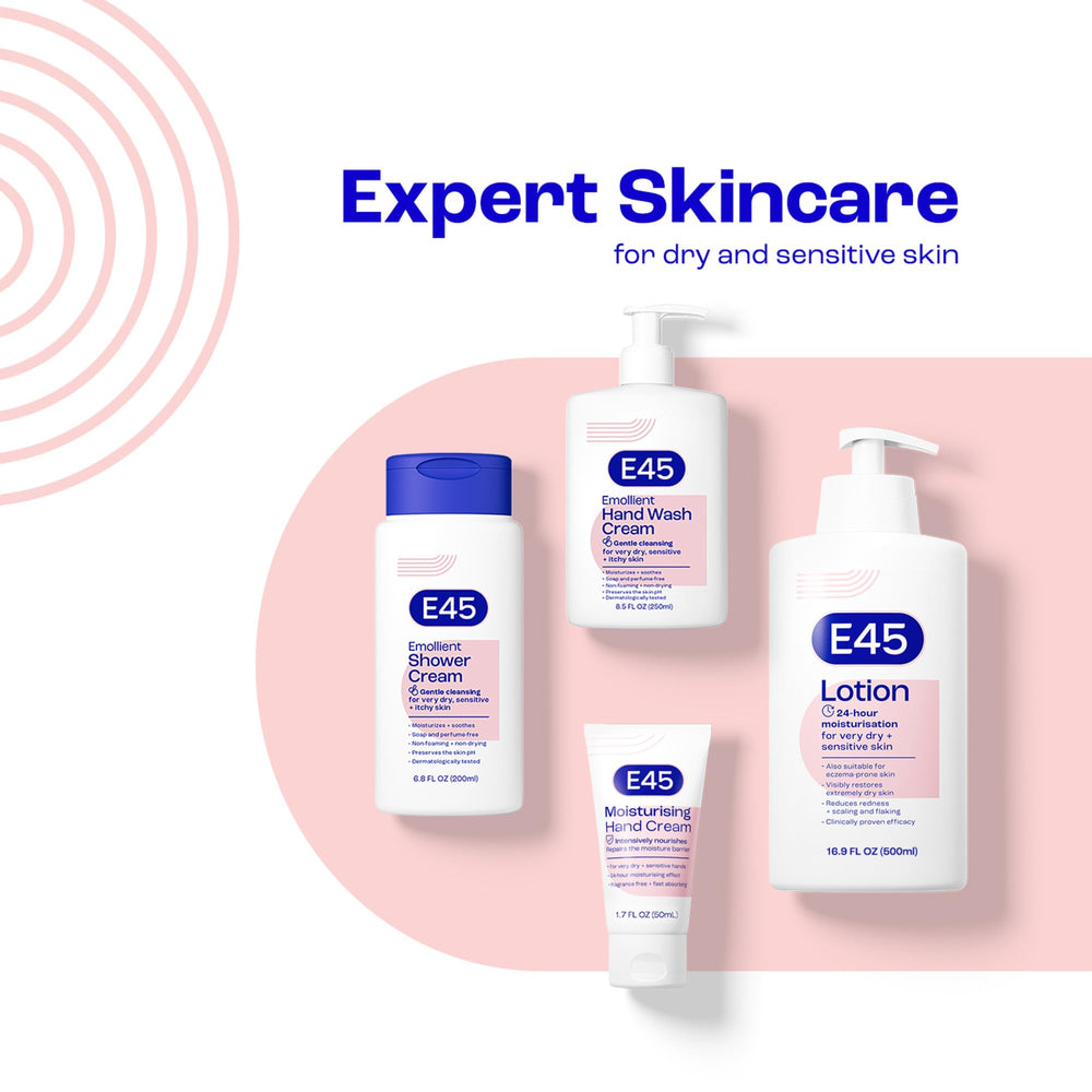 E45 held in hand for size comparison emphasizing travel-friendly 6.8 fl oz