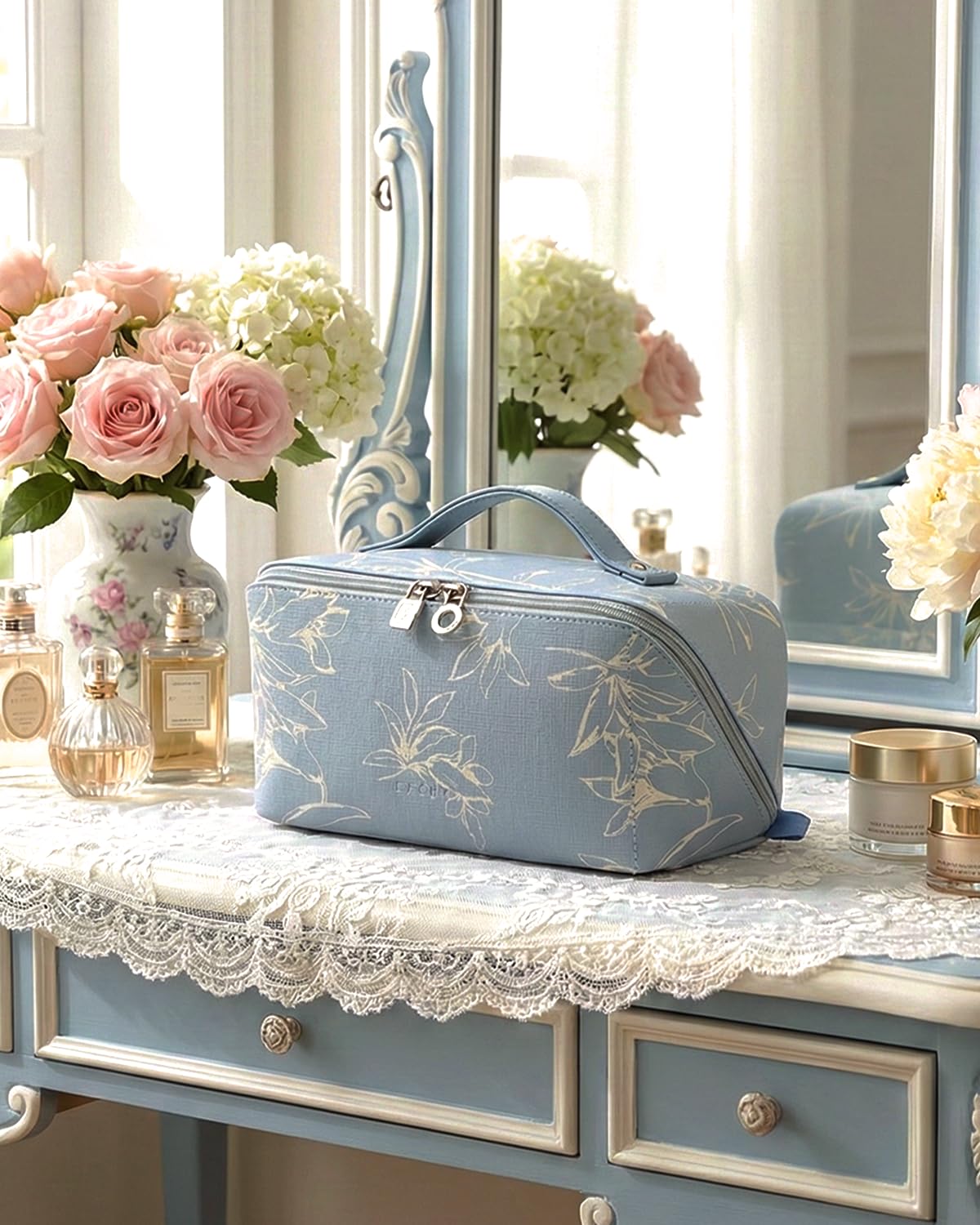 EACHY on bathroom counter styled to show practical daily use