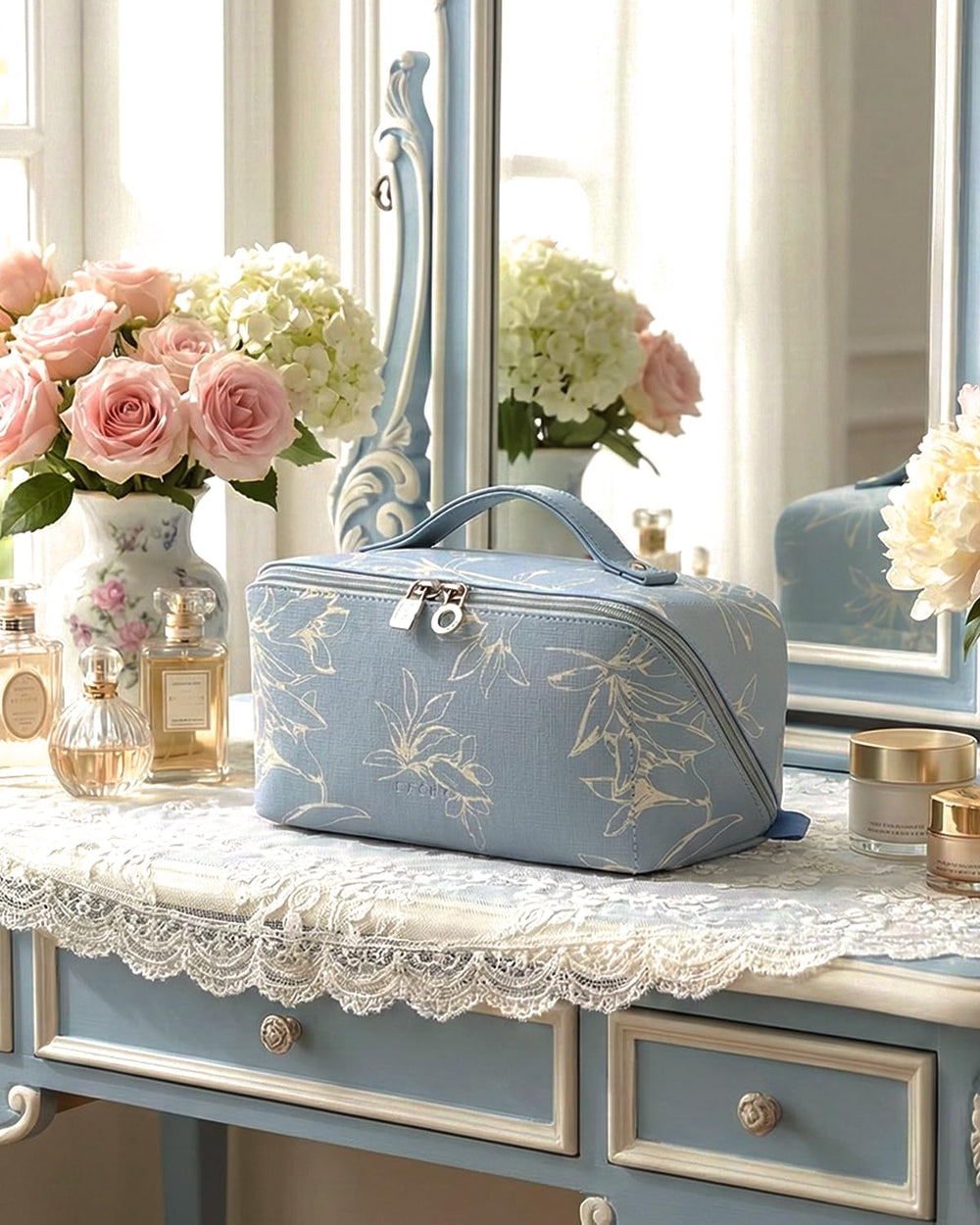EACHY on bathroom counter styled to show practical daily use