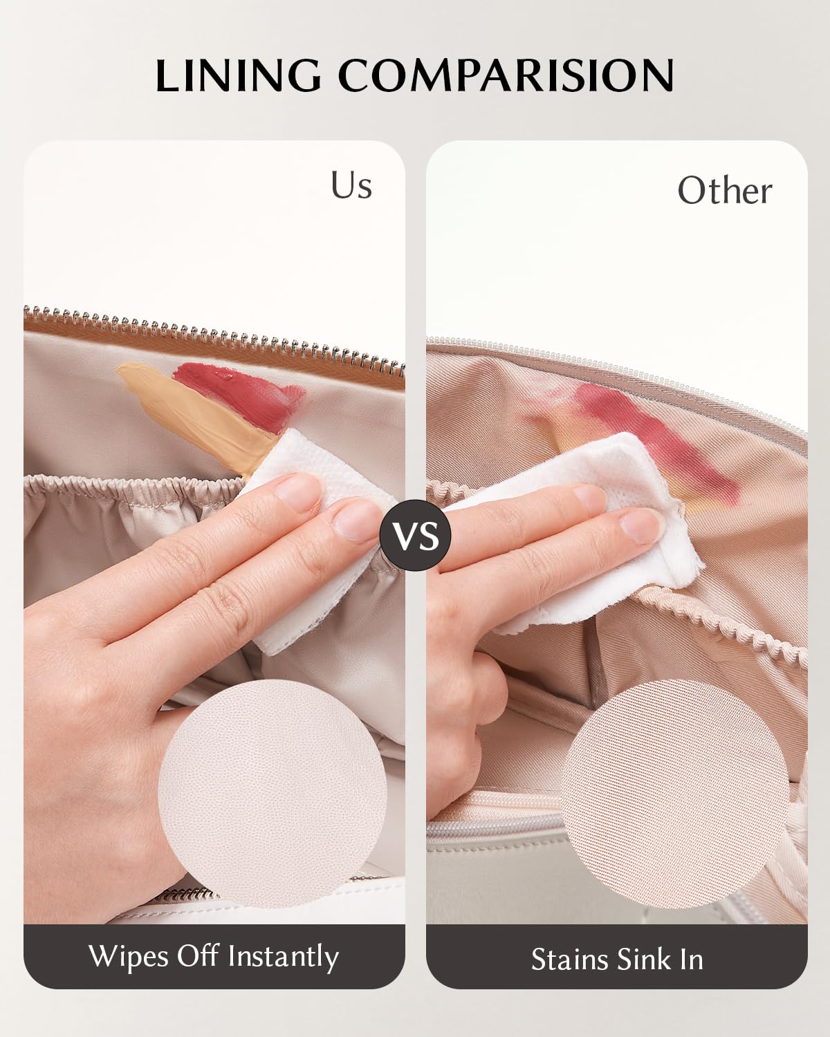 EACHY flat-lay open cosmetic bag with products for easy access and organized packing
