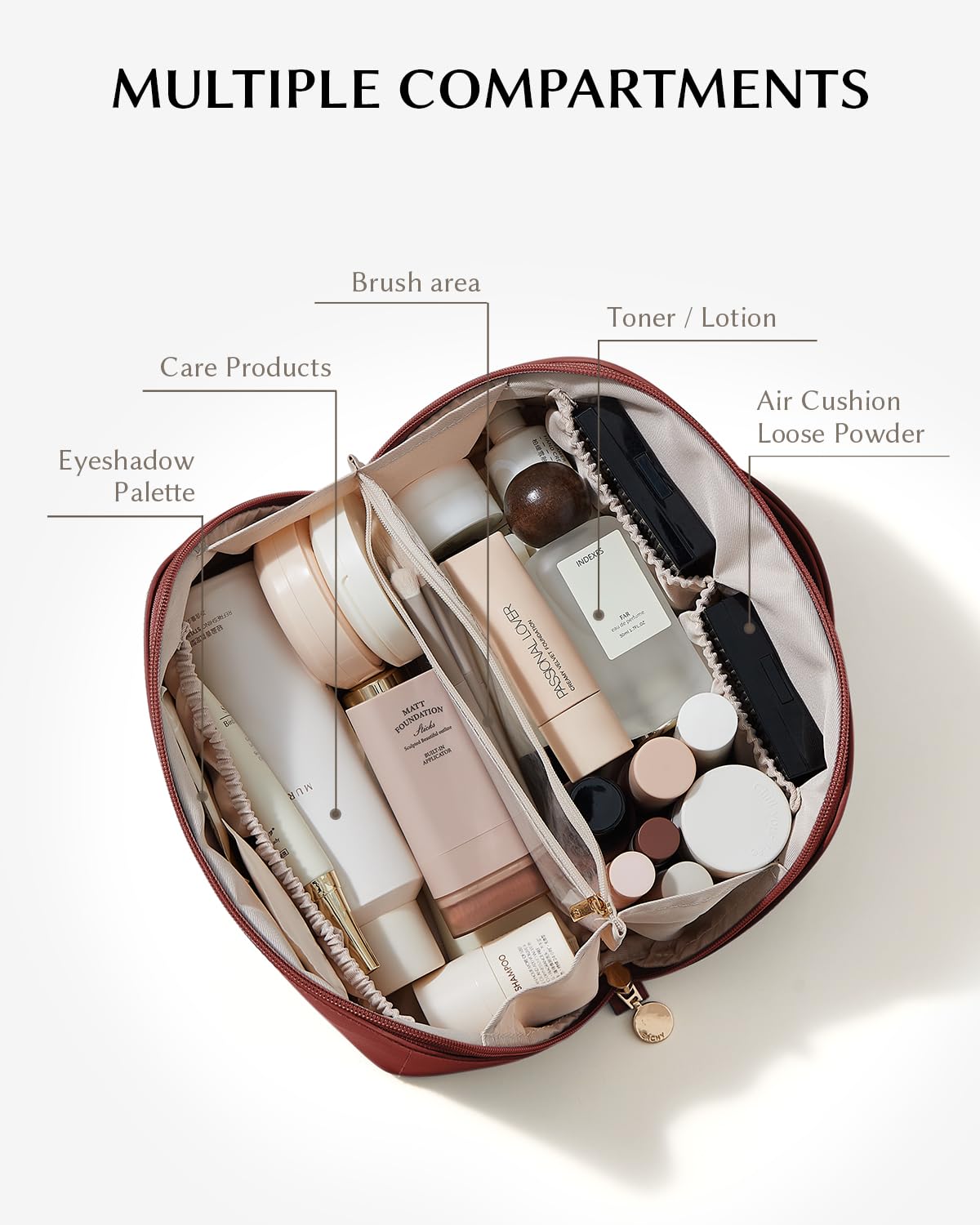 EACHY bag opened flat displaying organized cosmetics for quick access