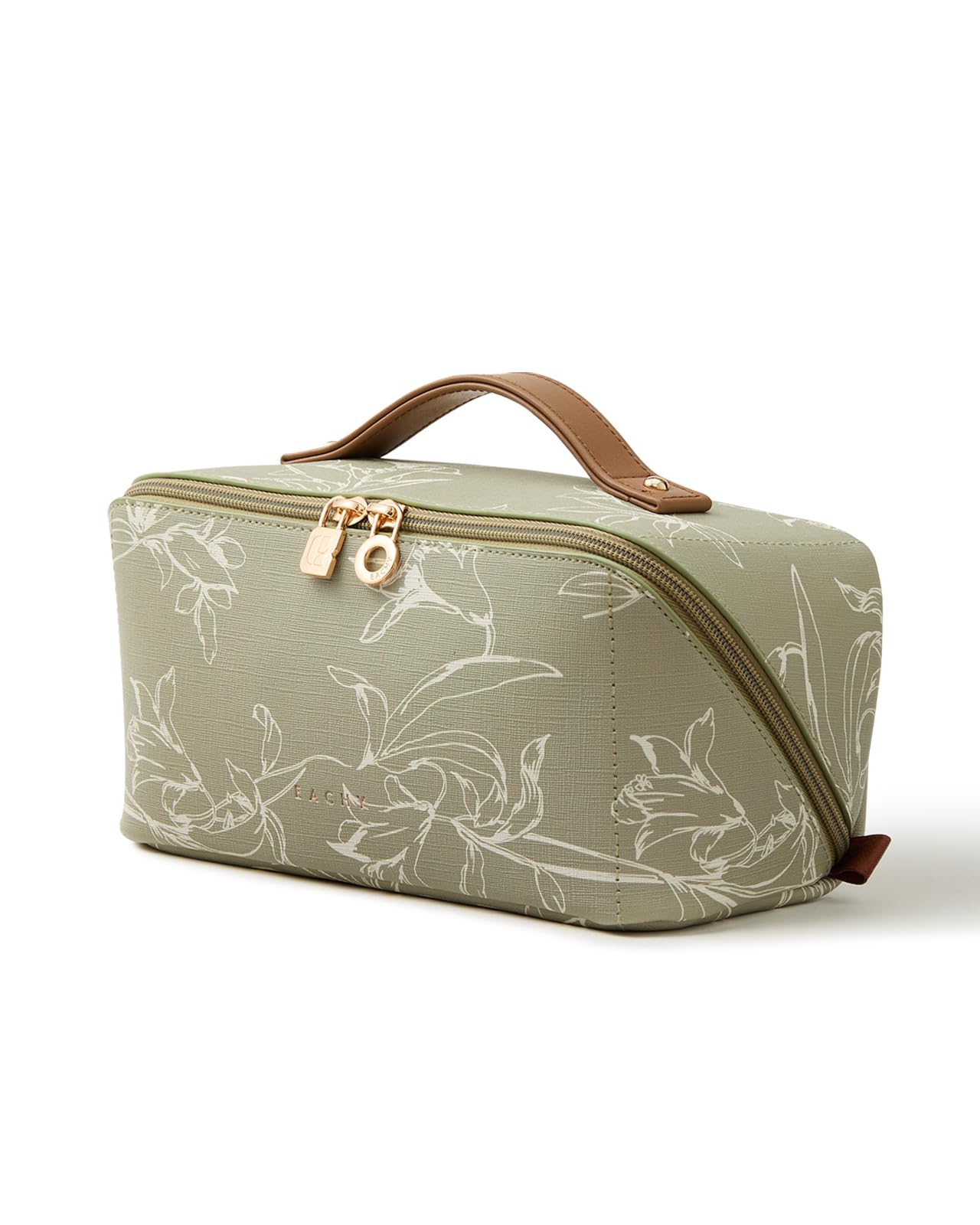 EACHY front view of green floral cosmetic bag showing compact design and style