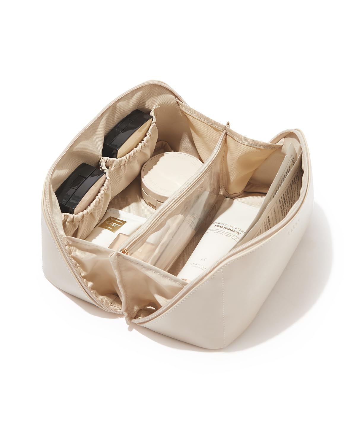 EACHY front view of white PU leather bag showing polished travel-ready design and organization benefit