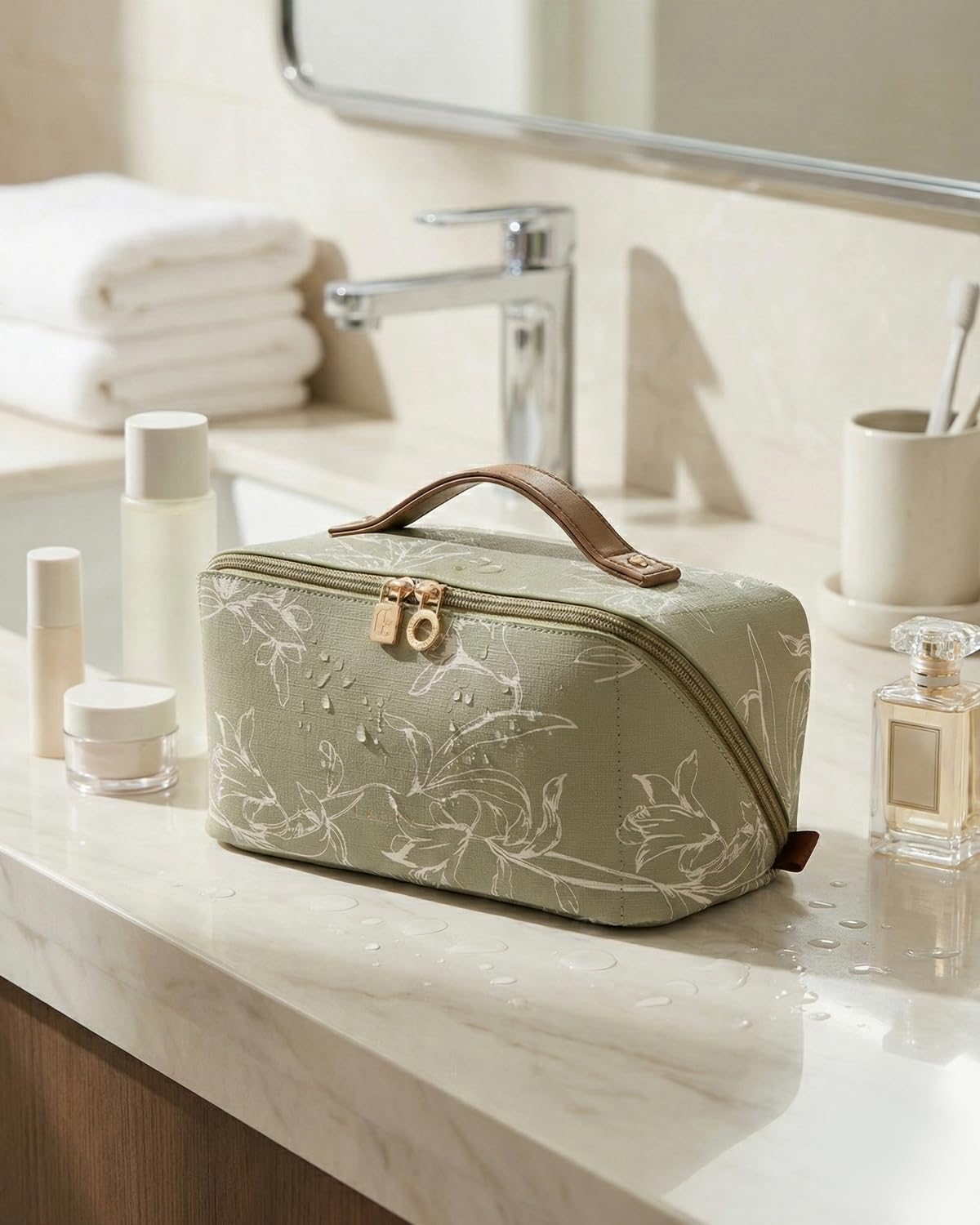 EACHY cosmetic bag on bathroom counter for quick daily routine access