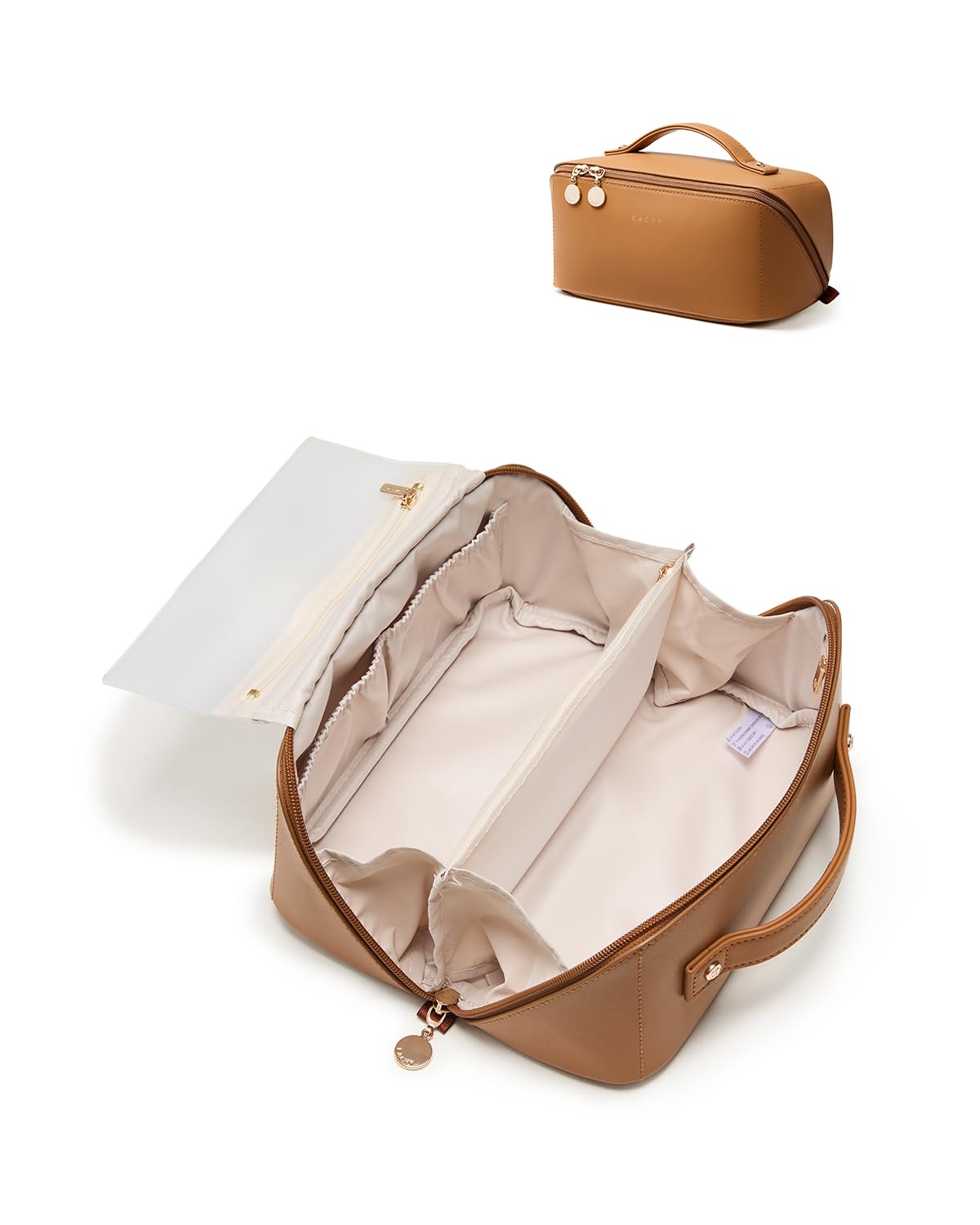 EACHY front view of medium brown PU leather makeup bag showing stylish design and protection