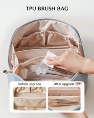 EACHY bag opened with brushes and bottles highlighting protective compartments