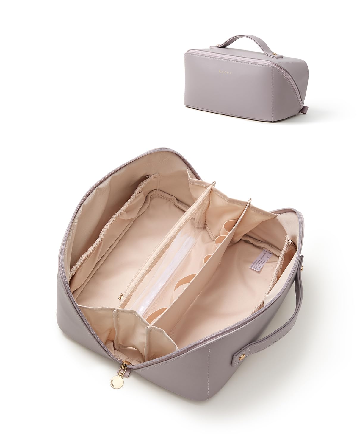 EACHY front view purple travel makeup bag showing neat profile and zipper benefit