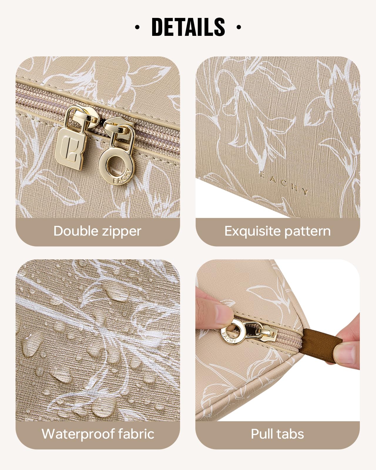 EACHY side pockets and zipper showing dedicated storage for small essentials
