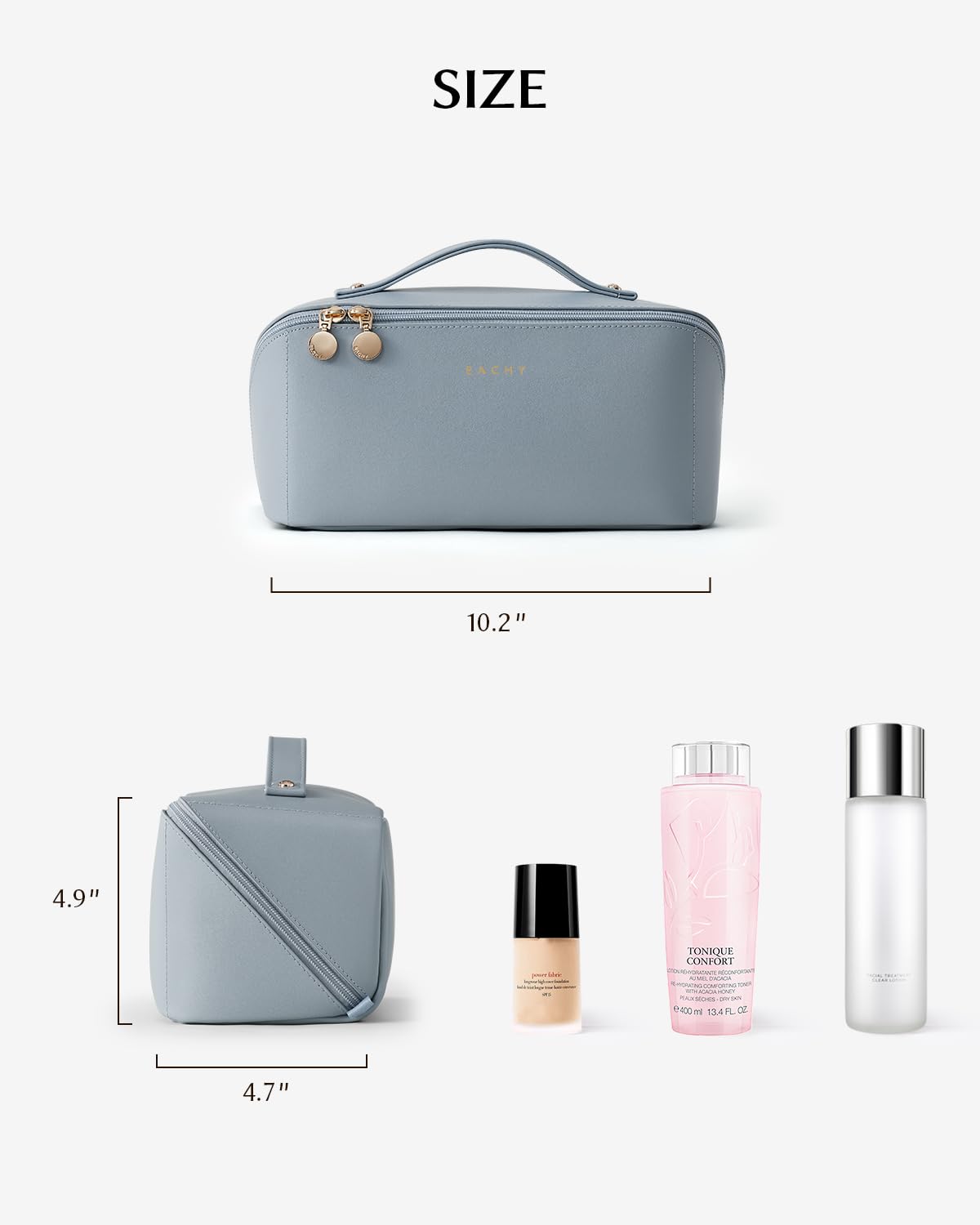 EACHY makeup bag next to hand showing real size and travel-friendly benefit