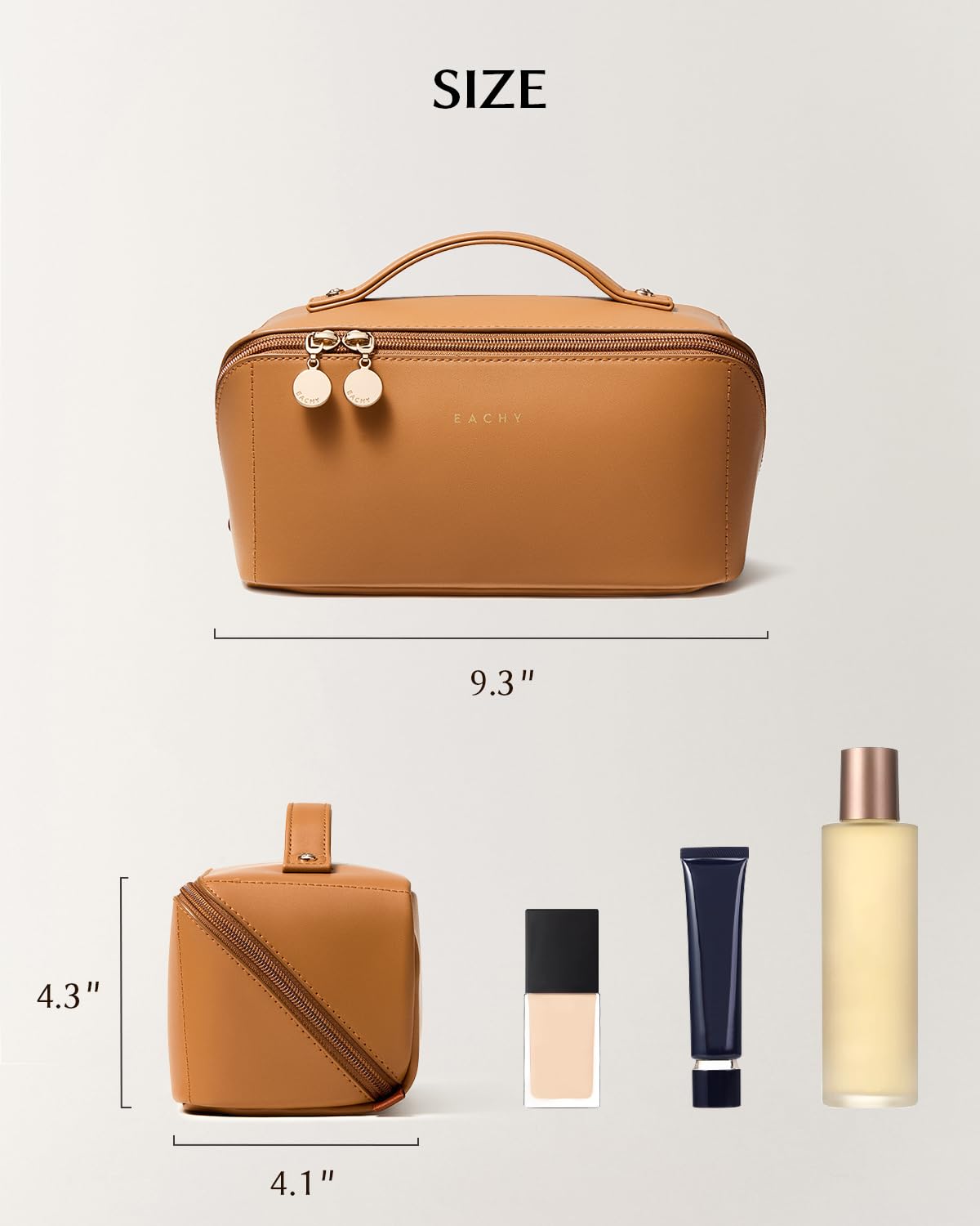 EACHY makeup bag in bathroom setting evoking chic travel-ready organization