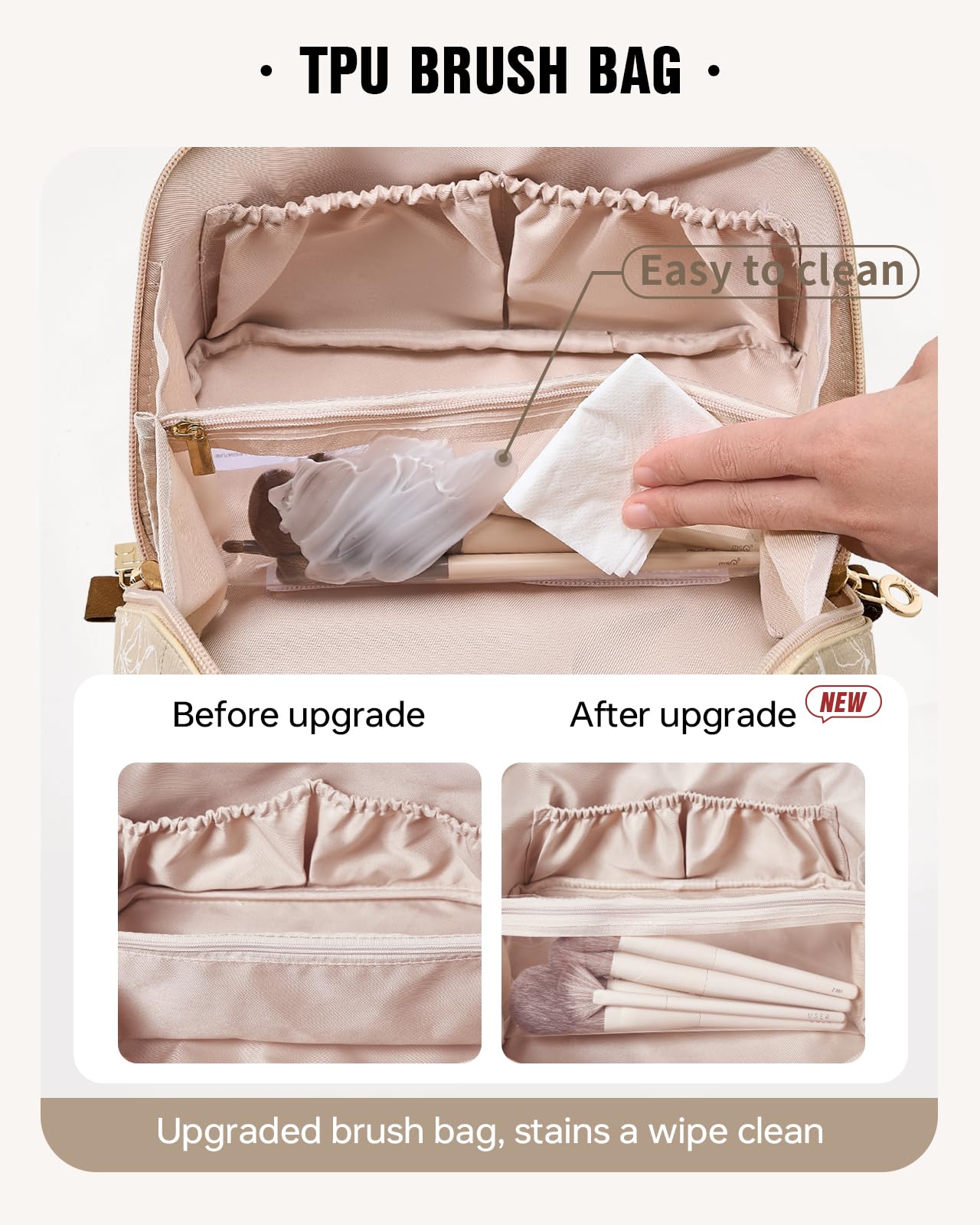 EACHY textured PU close-up highlighting waterproof exterior and easy cleanup