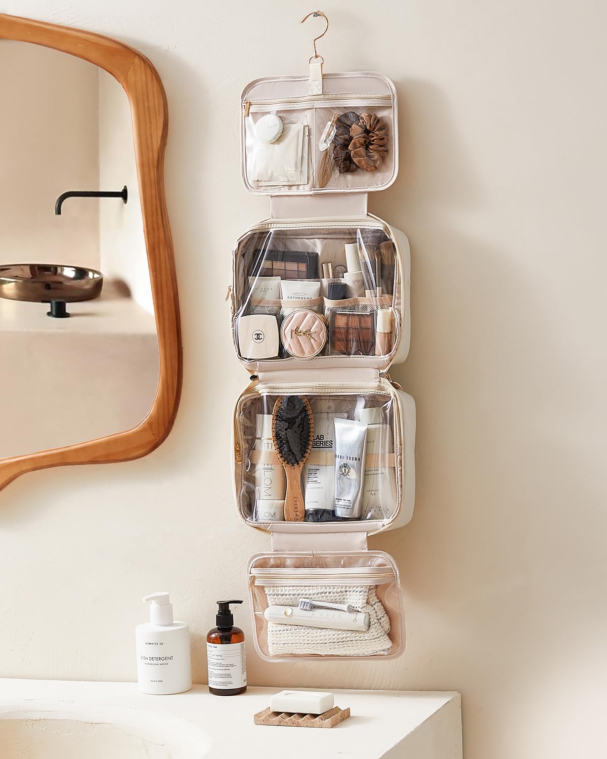 EACHY toiletry bag on bathroom counter illustrating organized lifestyle use