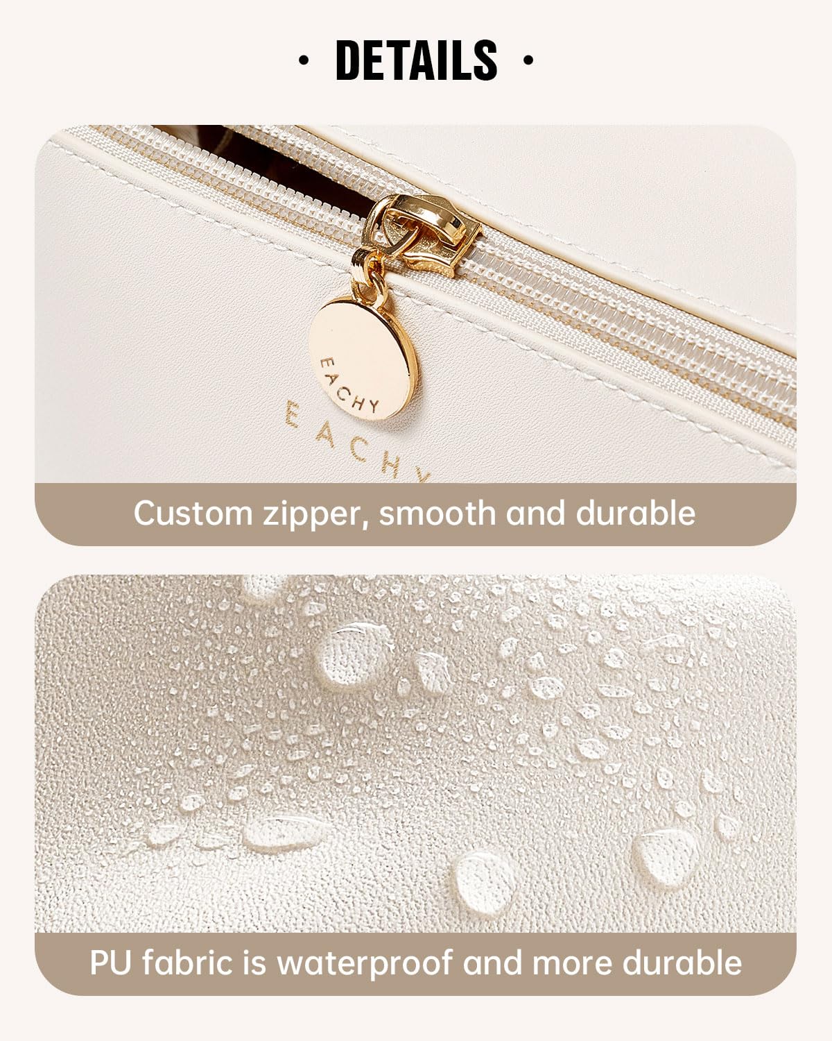 EACHY detail of water-resistant PU leather exterior for simple wipe-clean maintenance benefit