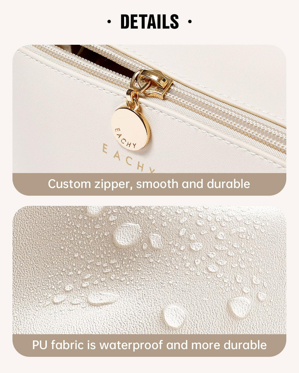 EACHY detail of water-resistant PU leather exterior for simple wipe-clean maintenance benefit