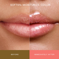 EADEM close-up of glossy balm texture highlighting smooth, non-sticky finish and hydration