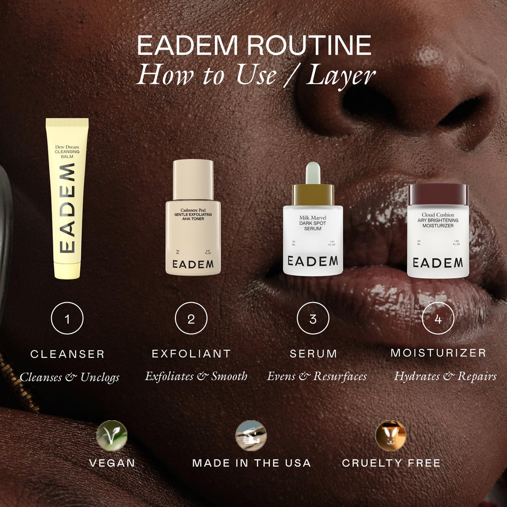 EADEM jar on bathroom vanity conveying daily skincare routine benefit
