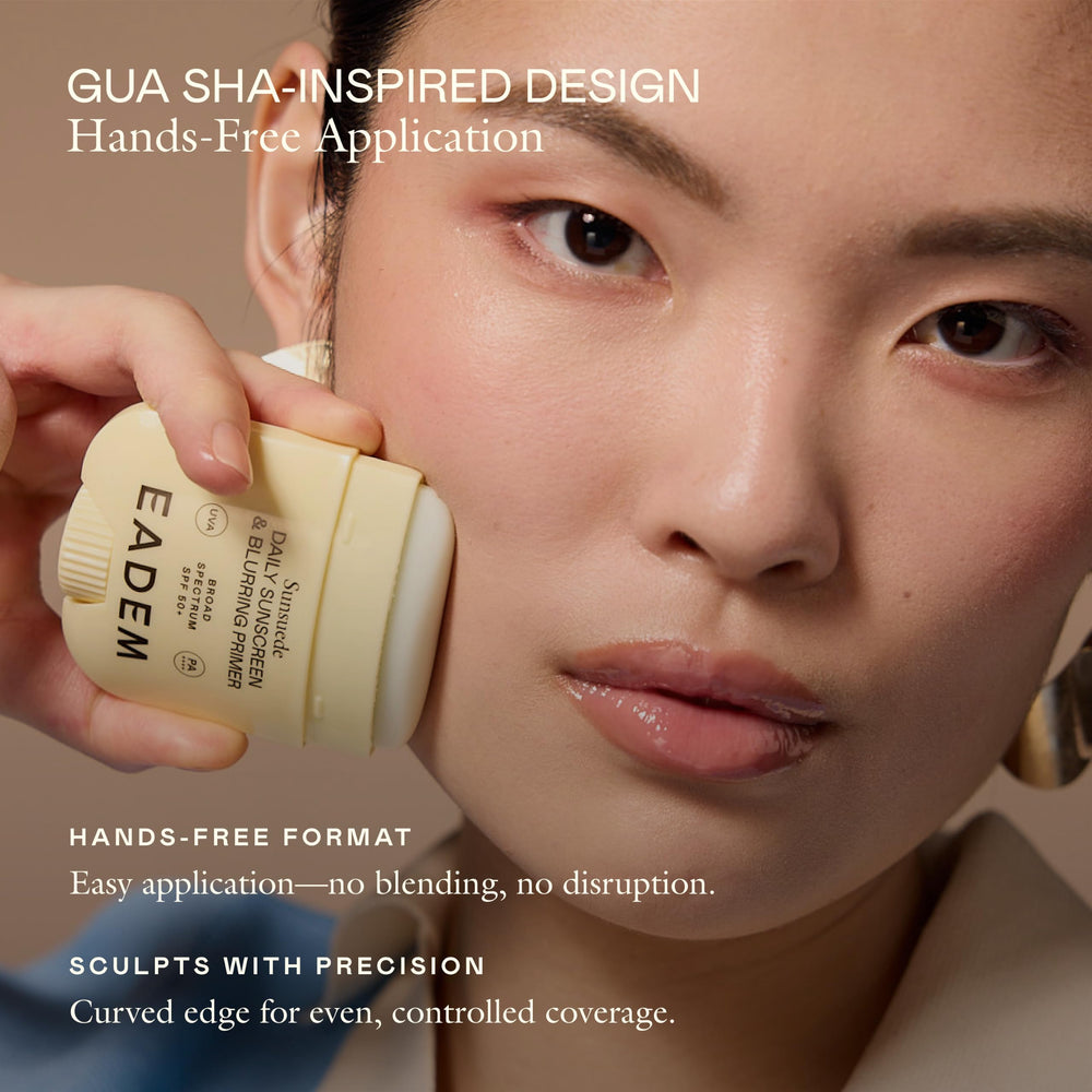 EADEM sunscreen stick beside makeup illustrating over-makeup reapplication