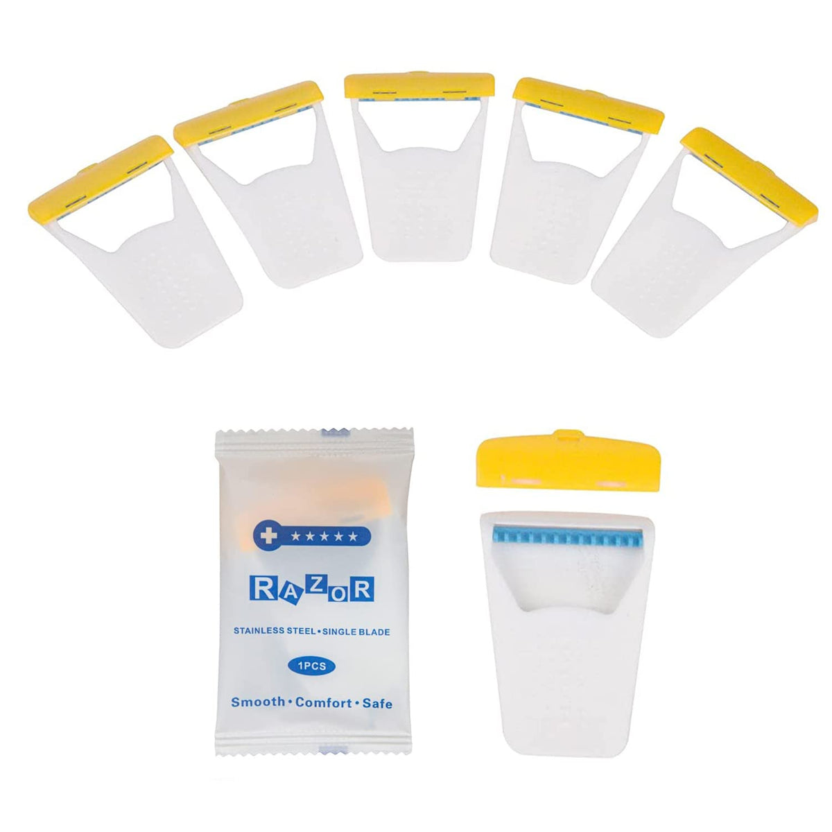 EAPC front packaging showing 50-count travel razors and protective caps