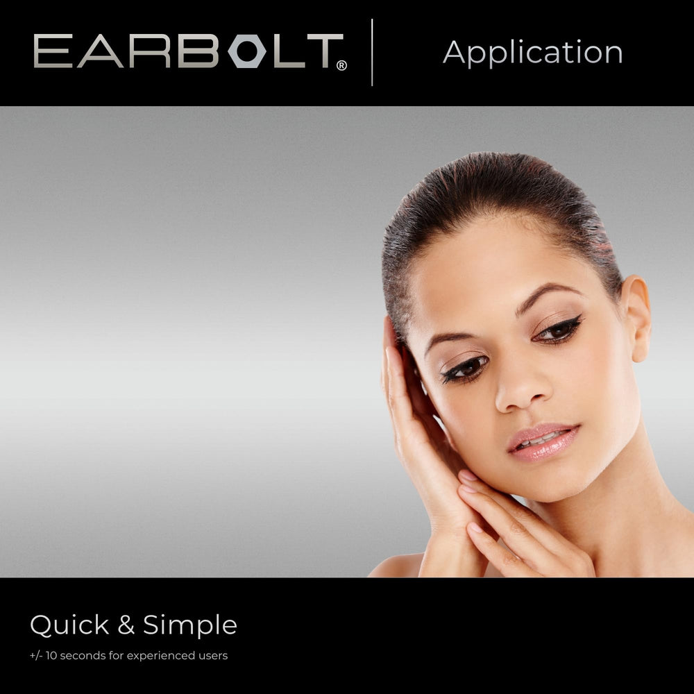 EARBOLT packaging label showing manufacturing and skin-safe claim
