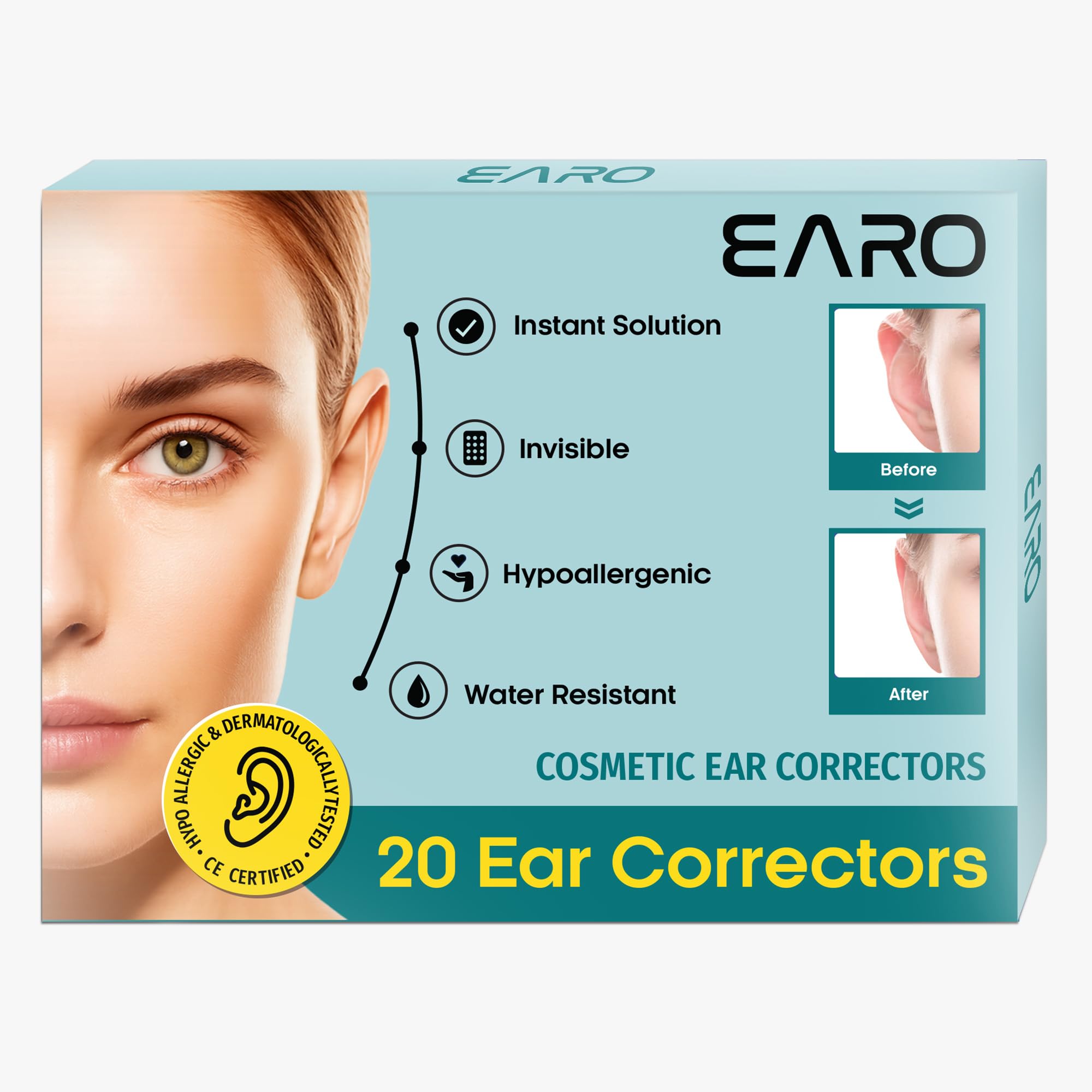 Earo front packaging showing clear patches and benefit of discreet correction