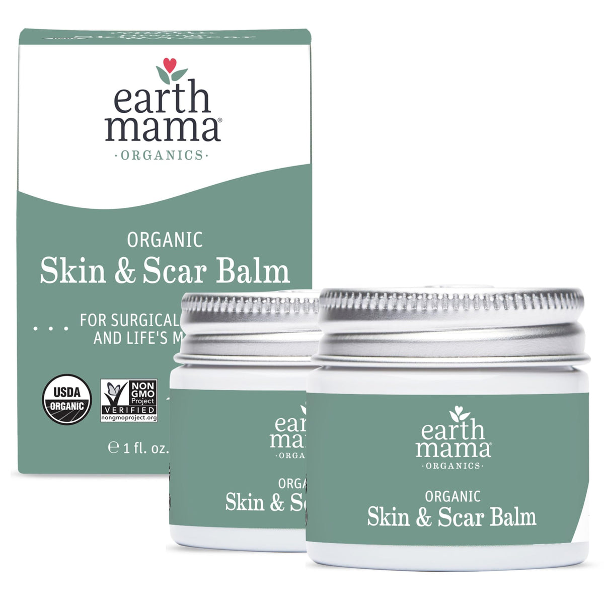 Earth Mama front packaging showing organic skin and scar balm benefits