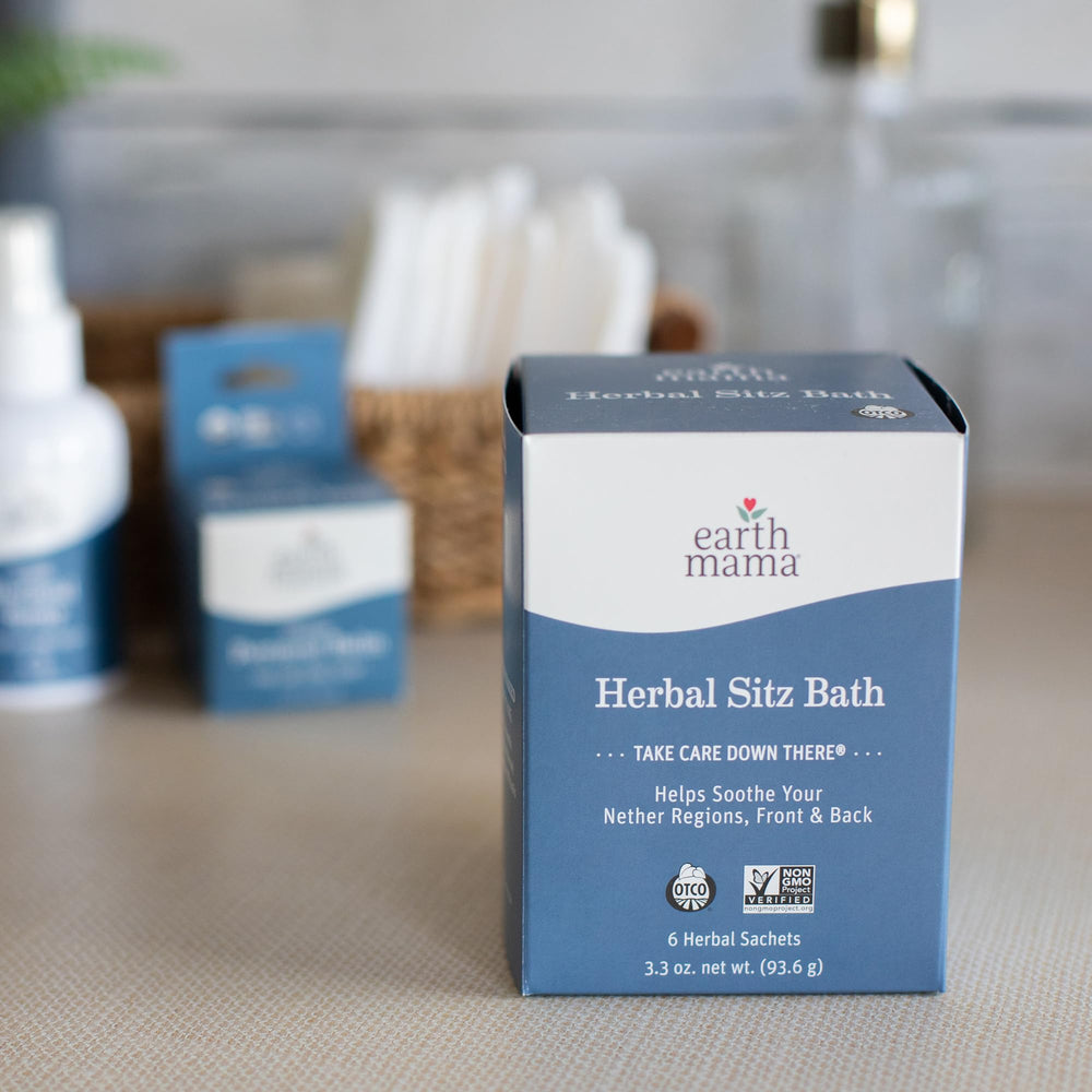 earth mama lifestyle image of new parent using sitz bath for gentle comfort