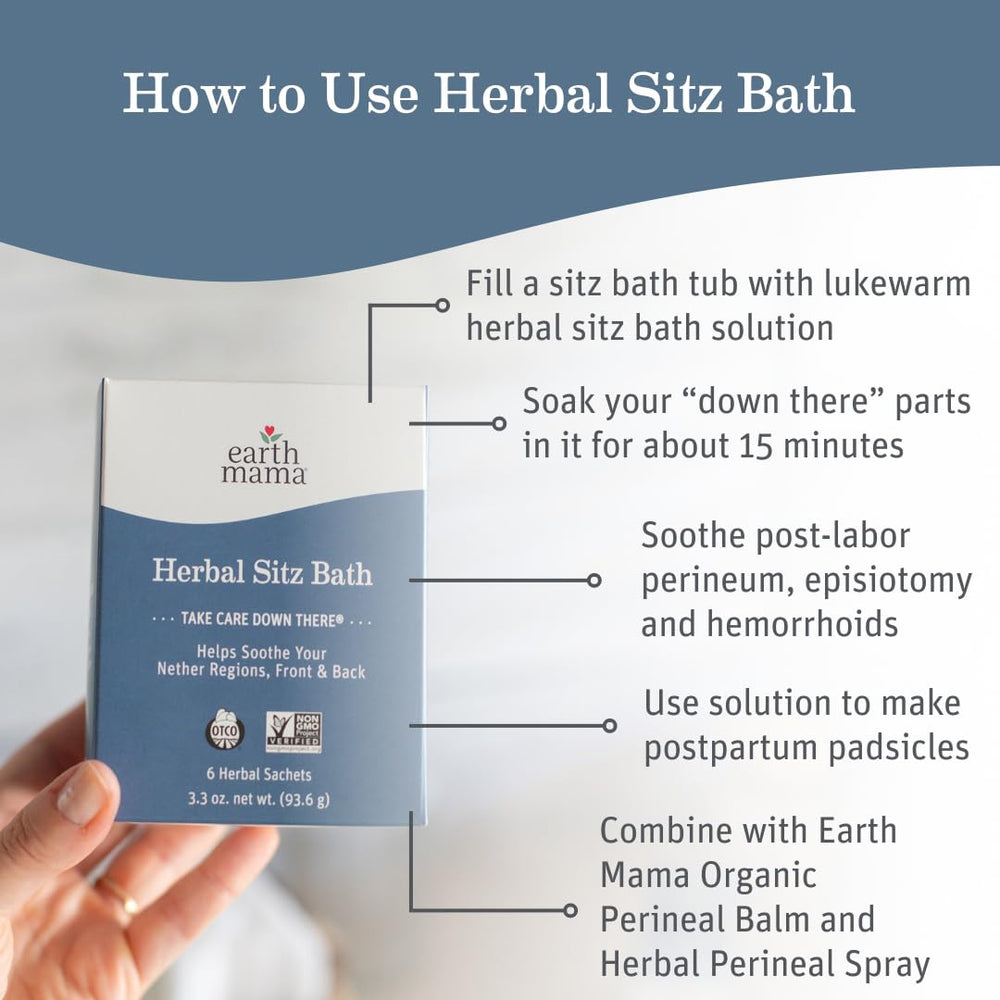 earth mama close-up of a single sealed herbal sitz bath sachet for easy brewing
