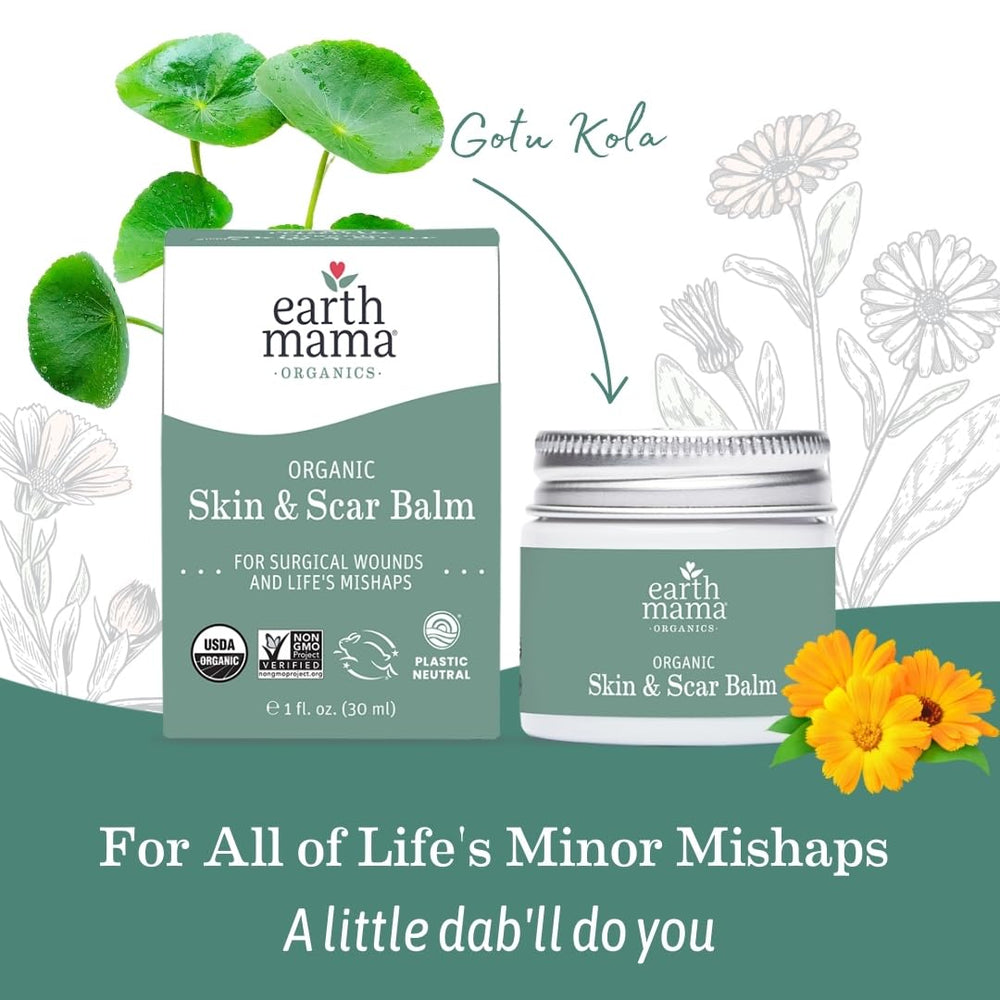 Earth Mama tin on bathroom shelf conveying daily care and easy reach