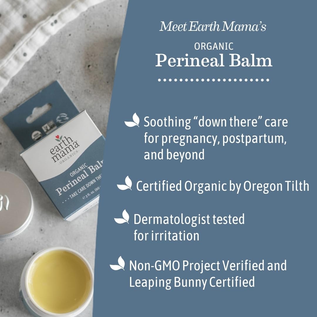 Earth Mama perineal balm being applied gently with clean hands for soothing comfort