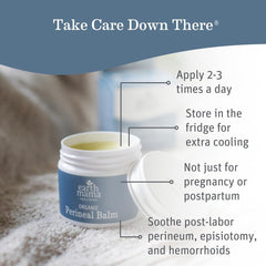 Earth Mama perineal balm open tin showing smooth balm texture and easy application