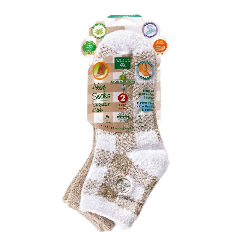 Earth Therapeutics tan plaid socks front view showing plush comfort and moisturizing benefit