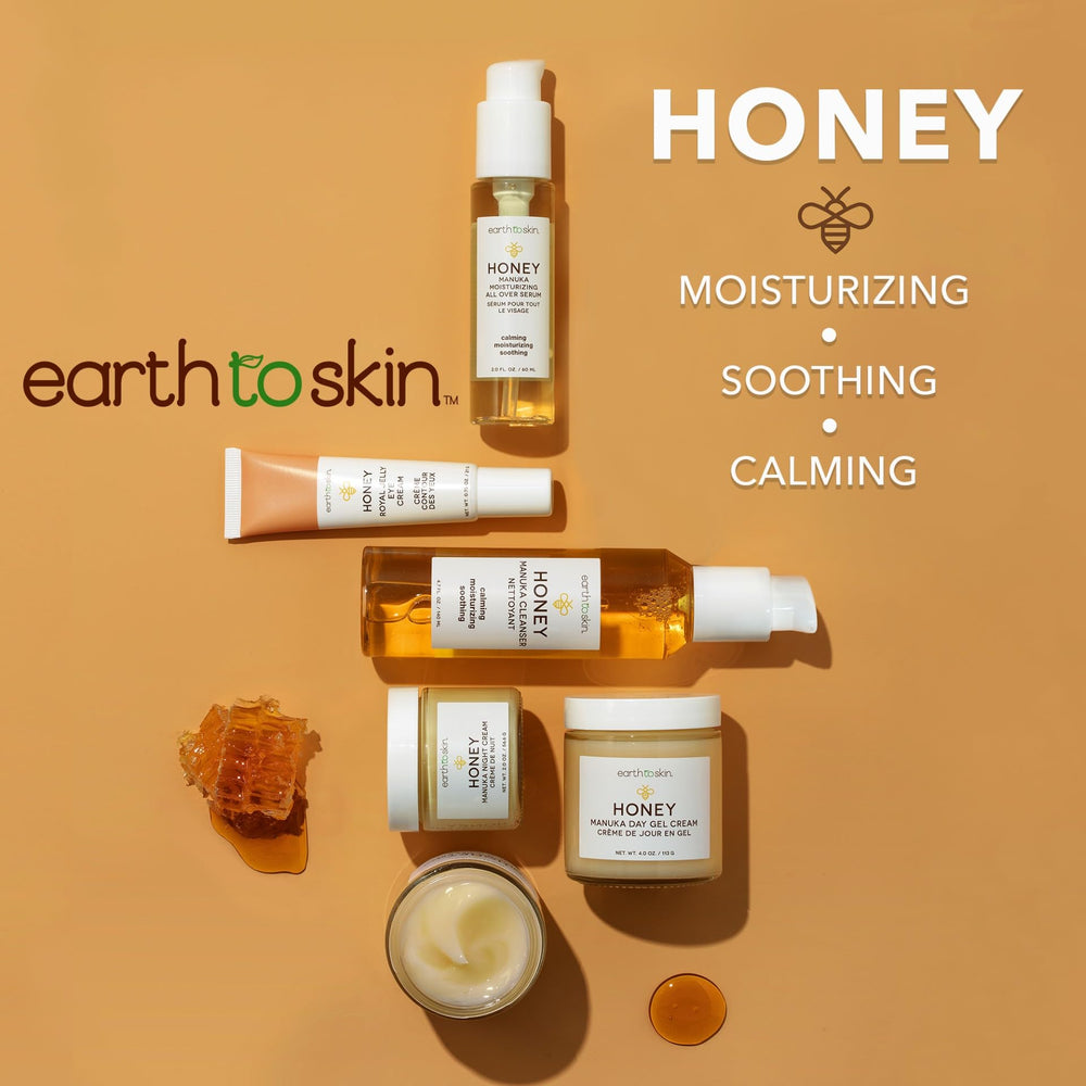 Earth To Skin label detail highlighting Manuka honey and hyaluronic acid ingredients benefit