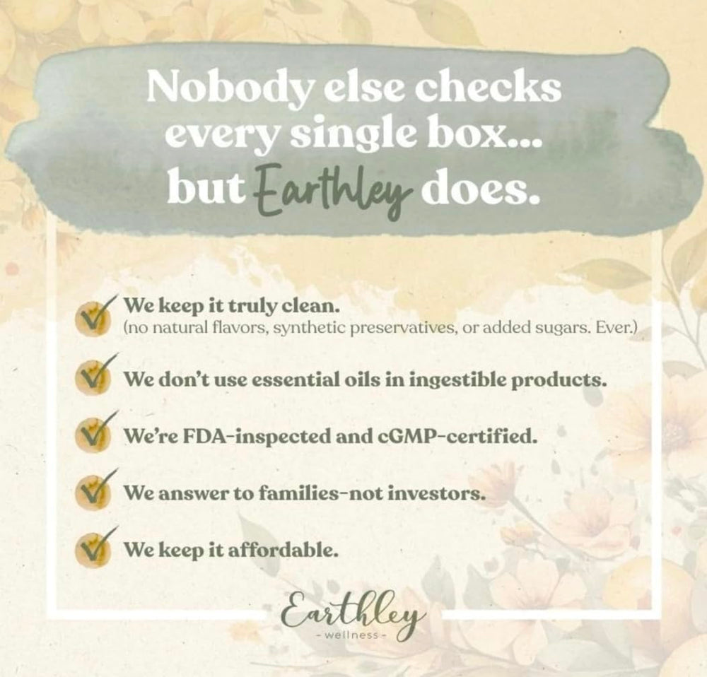 Earthley Wellness product label close-up highlighting natural ingredient list