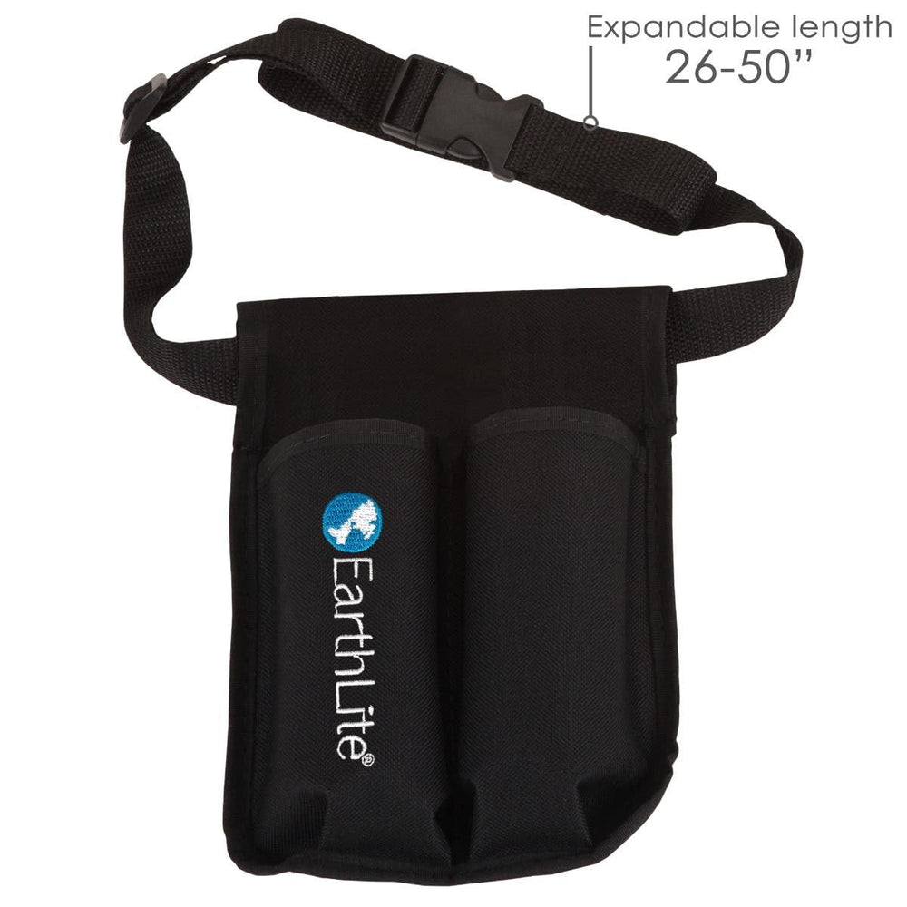 EarthLite holster beside measuring tape showing adjustable 26 to 50 inch belt fit