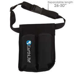 EarthLite holster beside measuring tape showing adjustable 26 to 50 inch belt fit