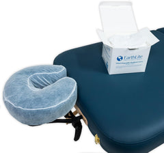 EarthLite cover in use on massage chair demonstrating sanitary client contact