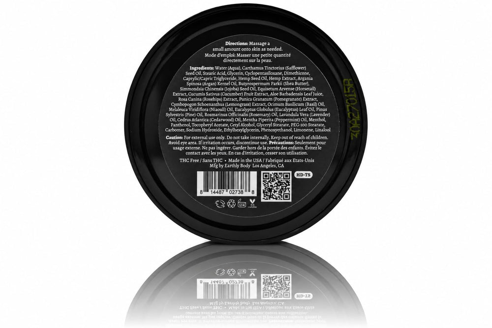 Earthly Body back label showing ingredients and quality commitment