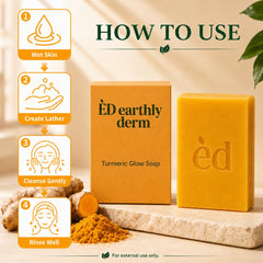 EARTHLY DERM turmeric soap beside a hand for size comparison and easy travel convenience