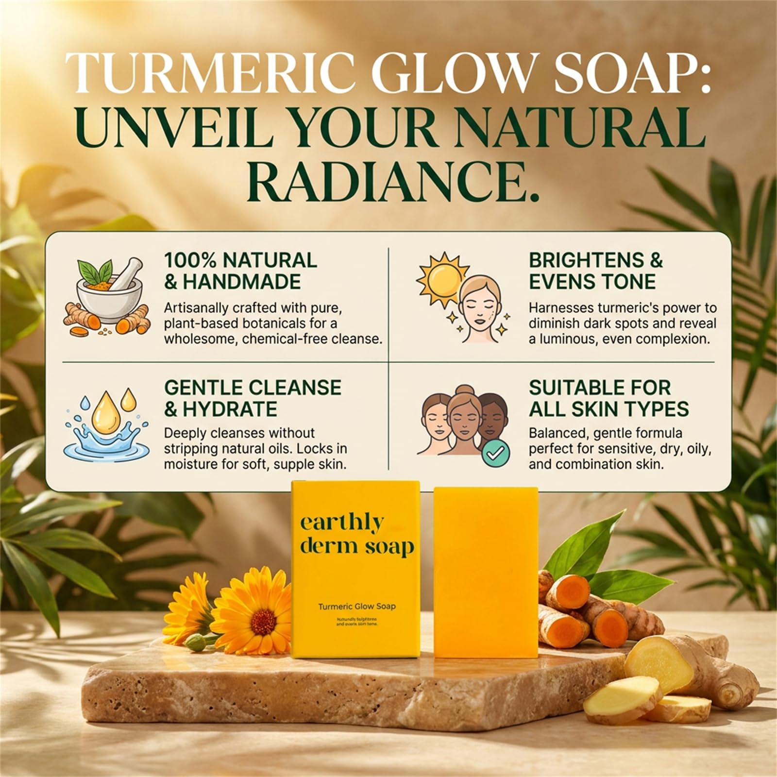 Earthly Derm soap held in hand showing size and convenient portability