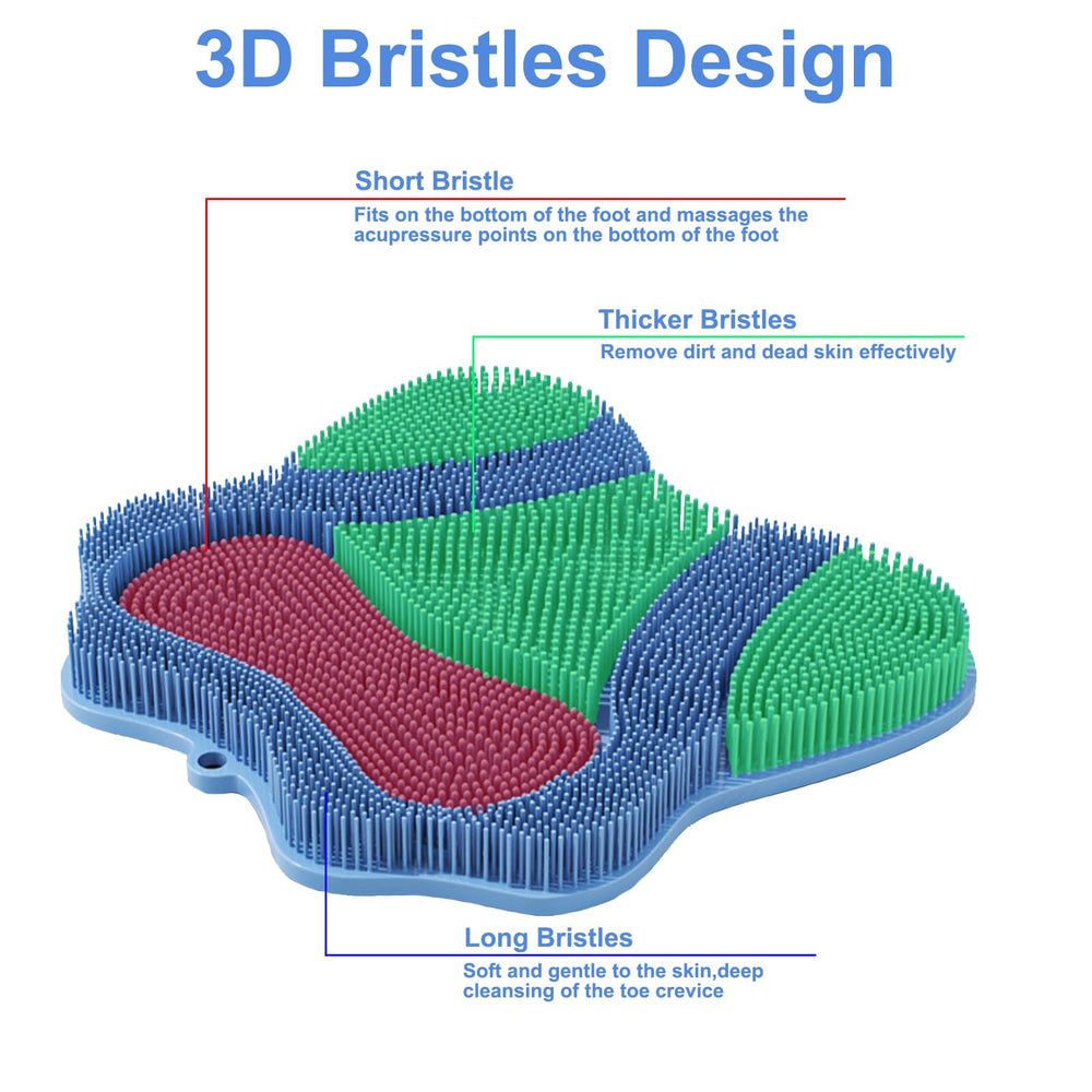 Easkite in-shower use with foot on scrubber enabling hands-free cleaning benefit