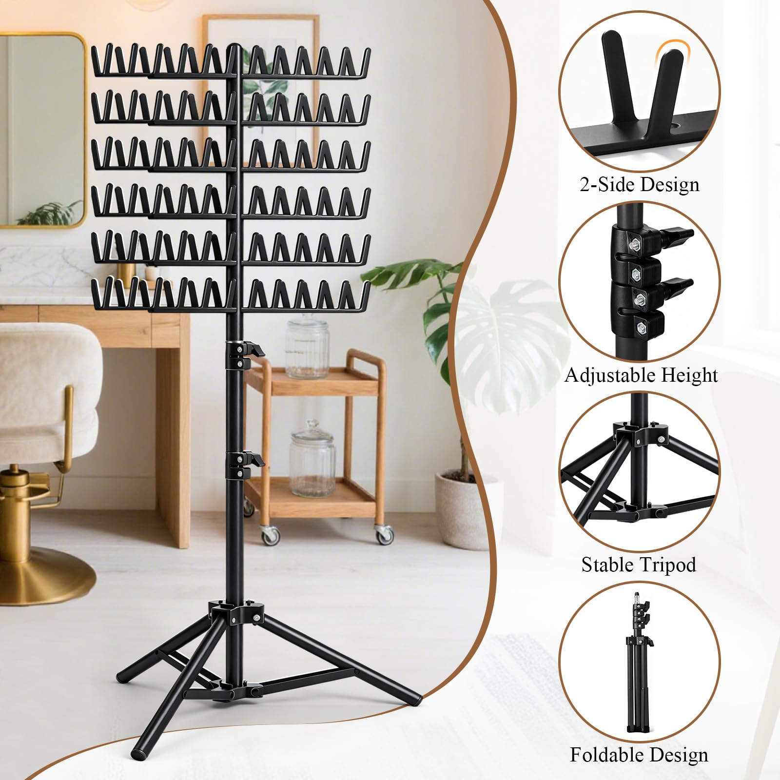 Eastdone in salon setup holding multiple color bundles demonstrating professional display benefit