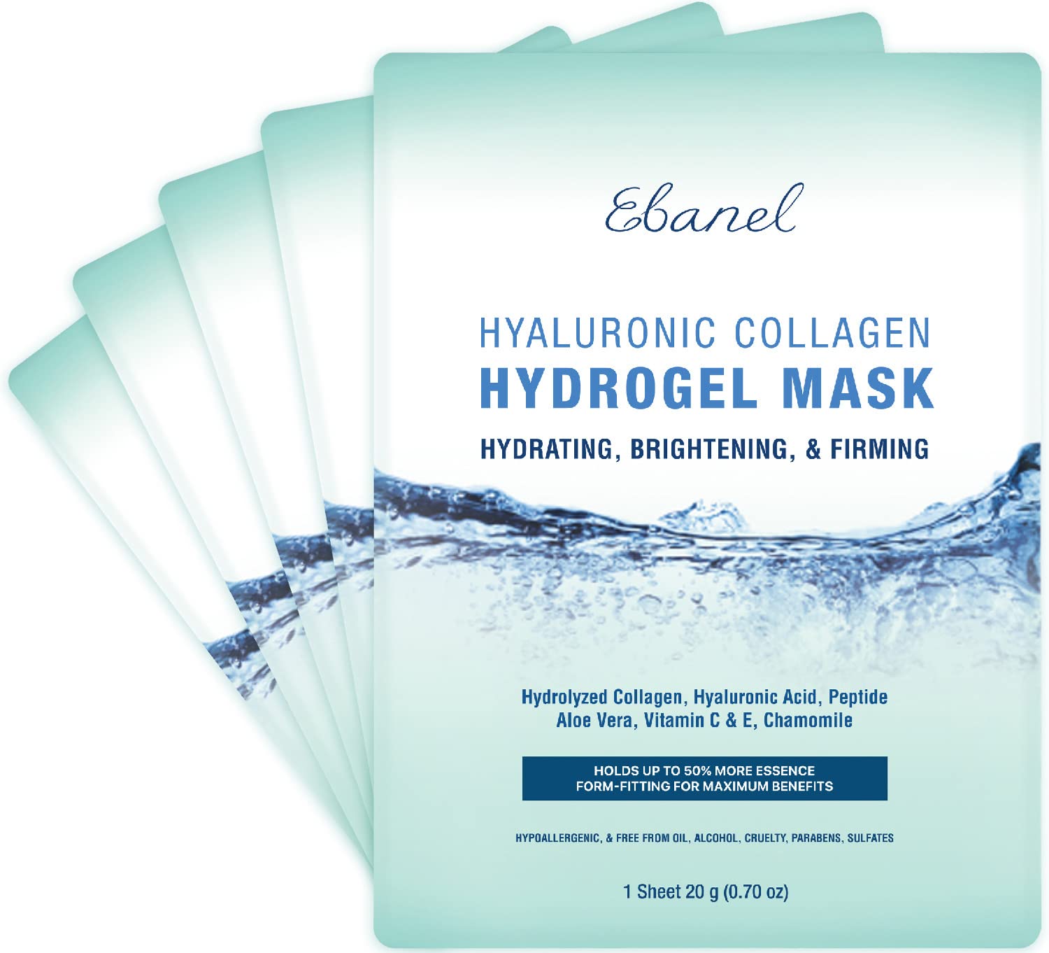 Ebanel front packaging showing five hydrogel collagen masks and clear benefits