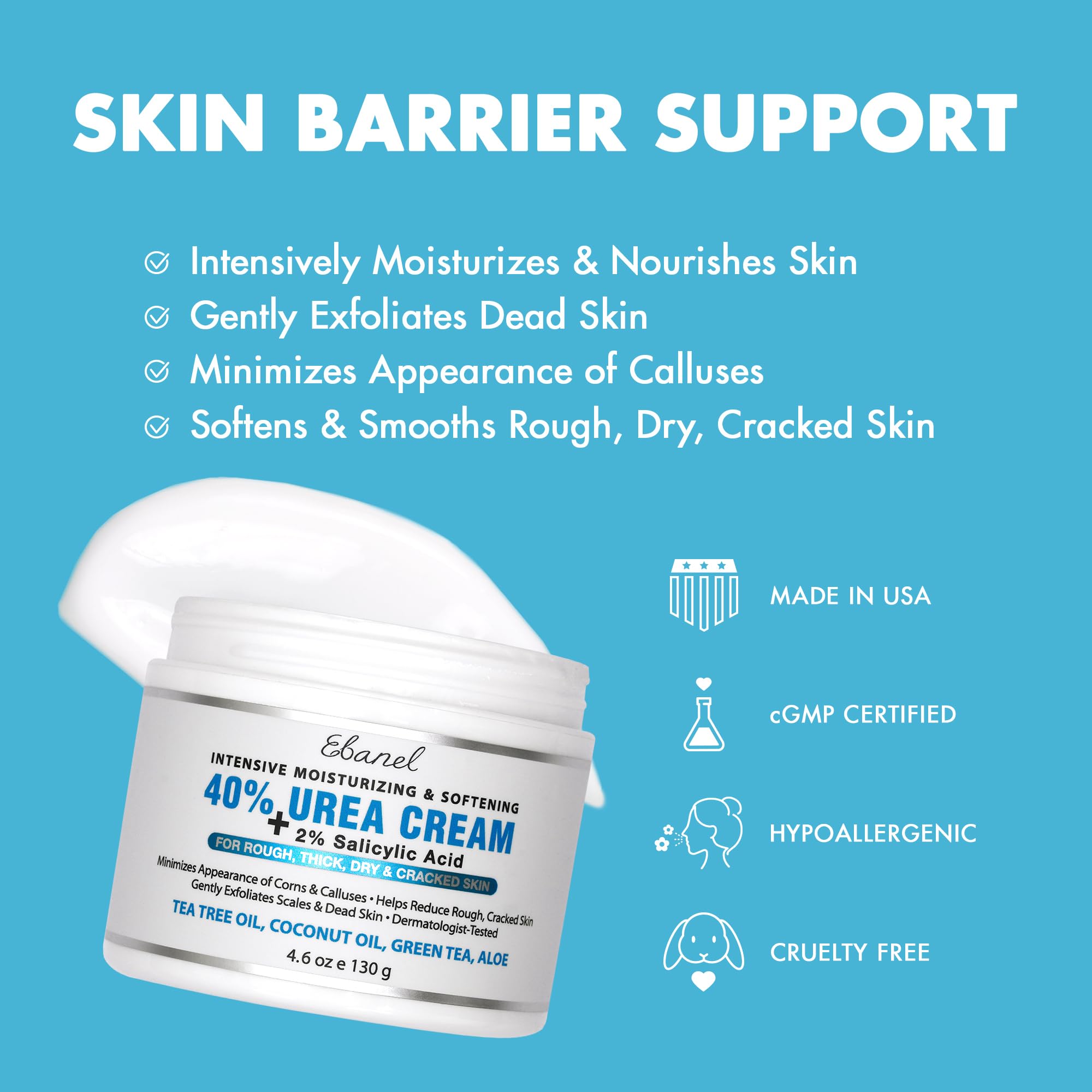 Ebanel ingredient label close-up, highlights urea and salicylic benefit